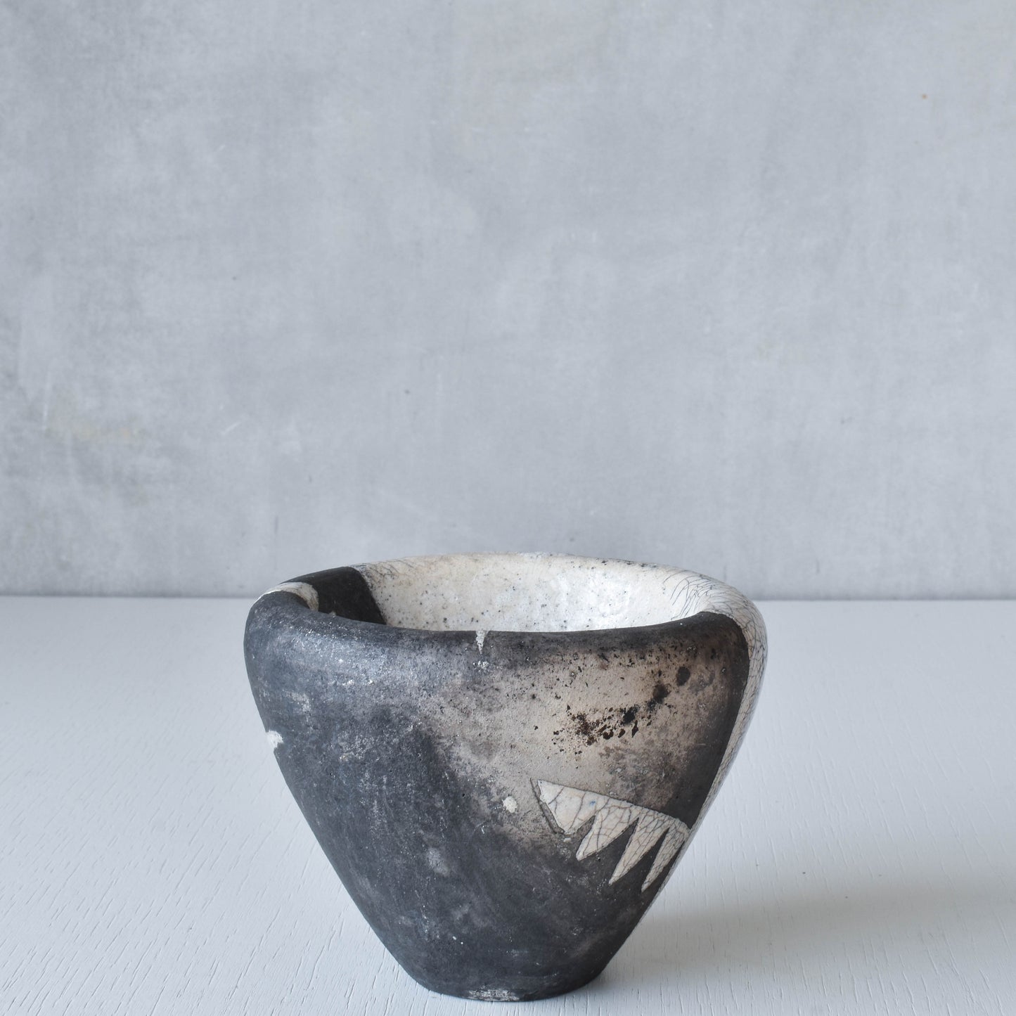 Japanese style artist made moulded bowl pot black white raku crackle stamped AK