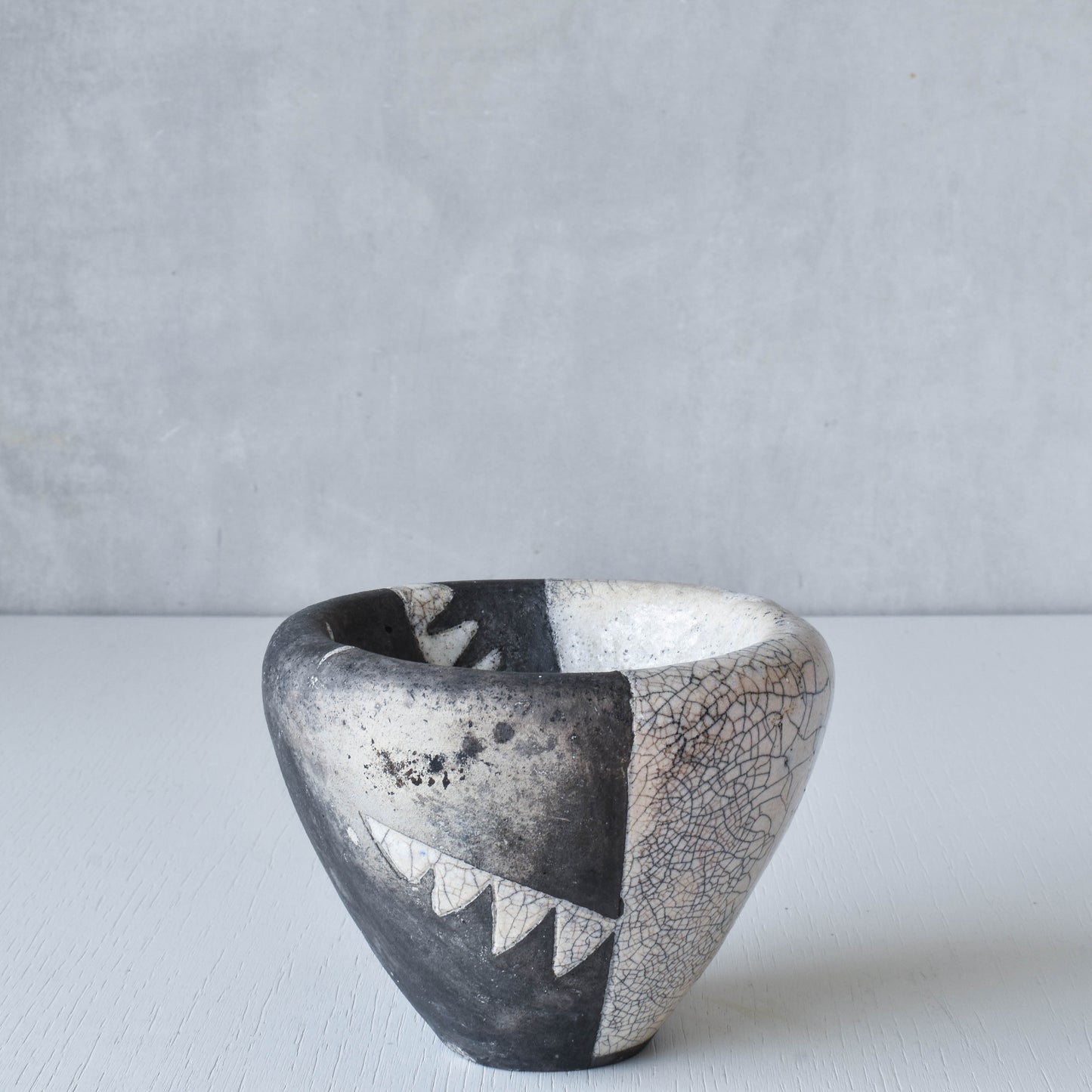 Japanese style artist made moulded bowl pot black white raku crackle stamped AK