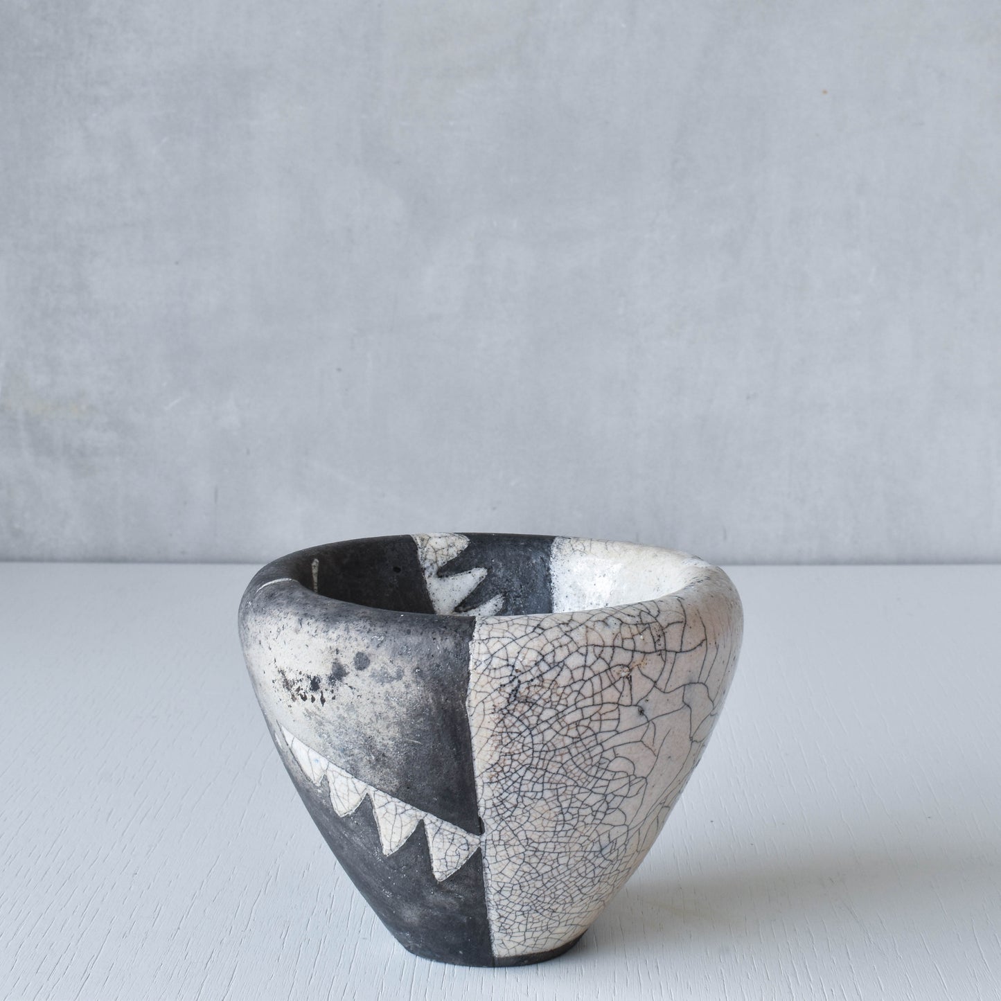 Japanese style artist made moulded bowl pot black white raku crackle stamped AK