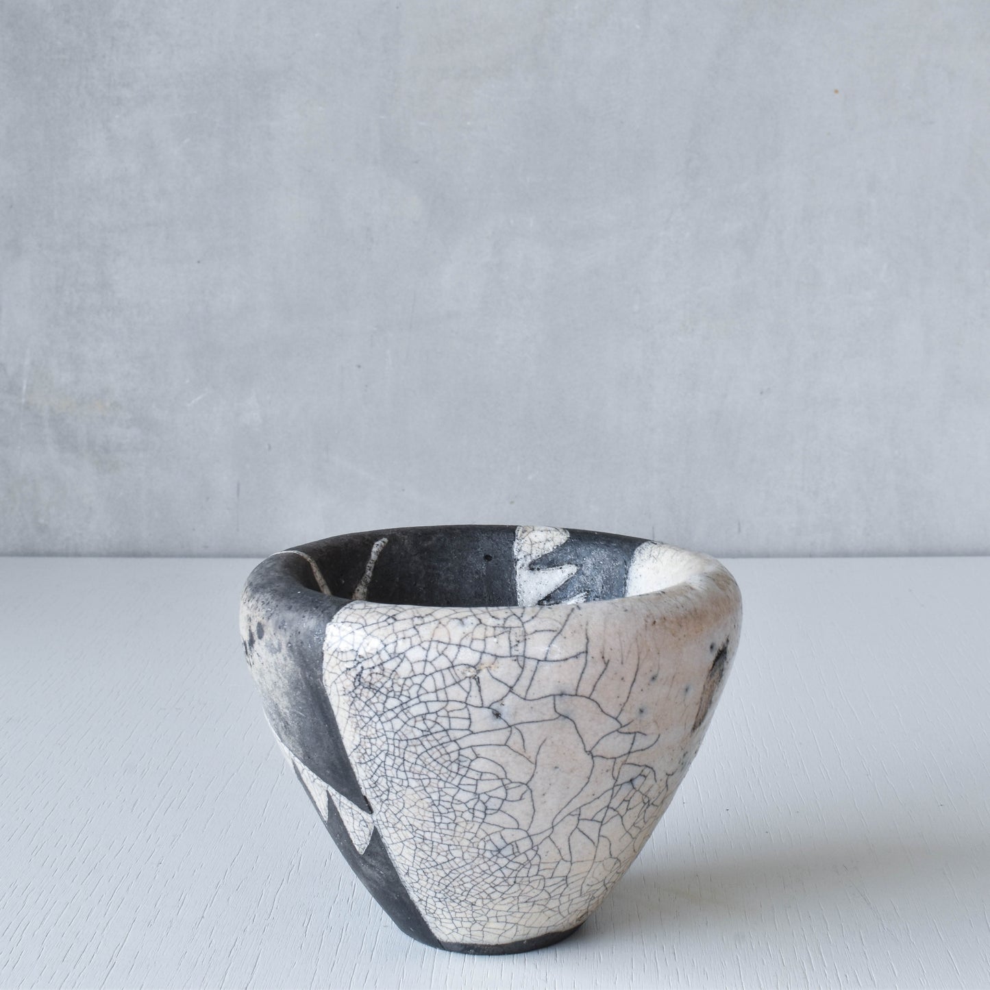 Japanese style artist made moulded bowl pot black white raku crackle stamped AK