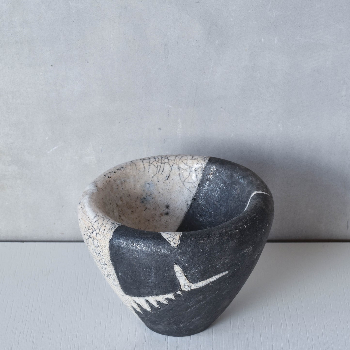 Japanese style artist made moulded bowl pot black white raku crackle stamped AK