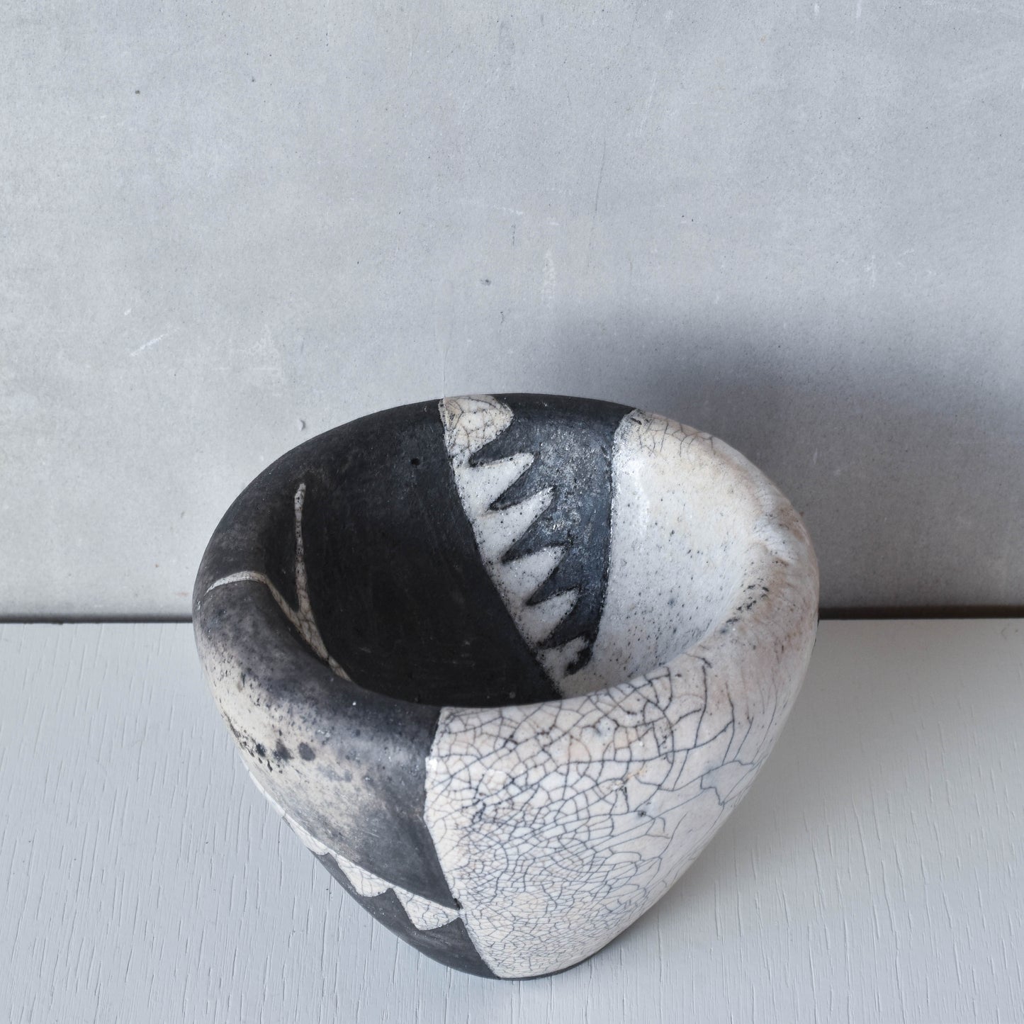 Japanese style artist made moulded bowl pot black white raku crackle stamped AK