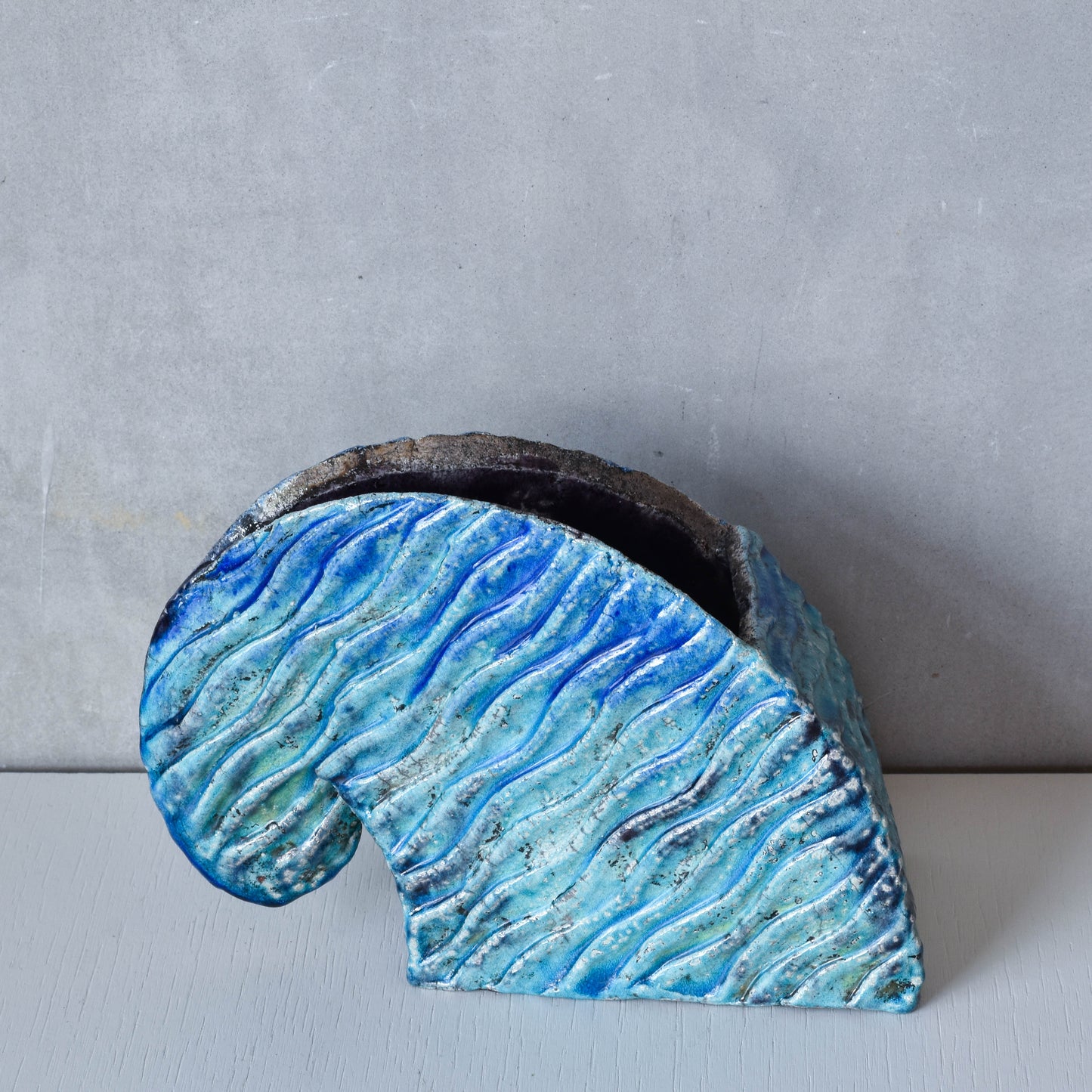 Slab built vintage artist made studio ceramic wave form vase vessel blue glazed