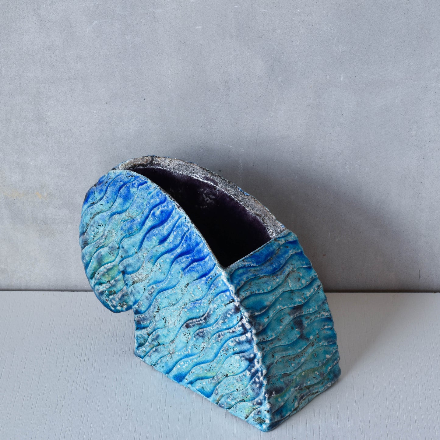 Slab built vintage artist made studio ceramic wave form vase vessel blue glazed