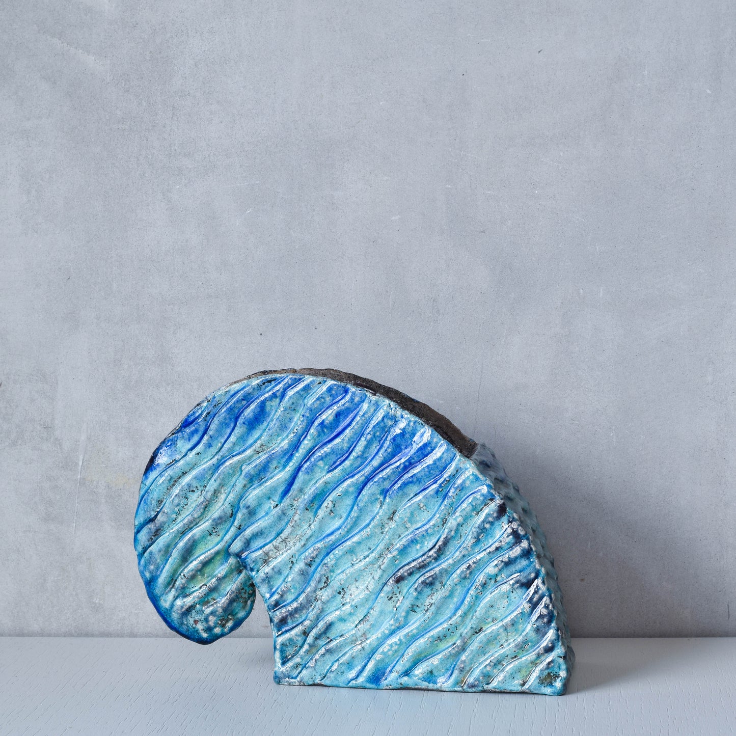 Slab built vintage artist made studio ceramic wave form vase vessel blue glazed