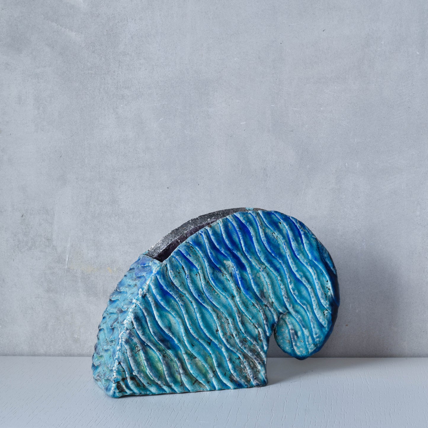 Slab built vintage artist made studio ceramic wave form vase vessel blue glazed