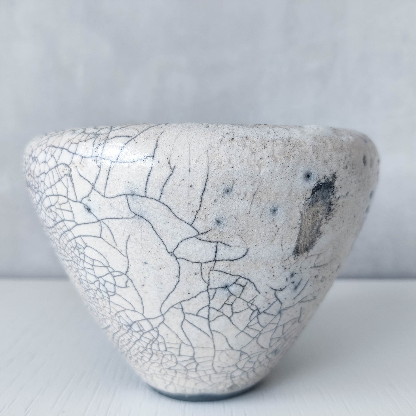 Japanese style artist made moulded bowl pot black white raku crackle stamped AK