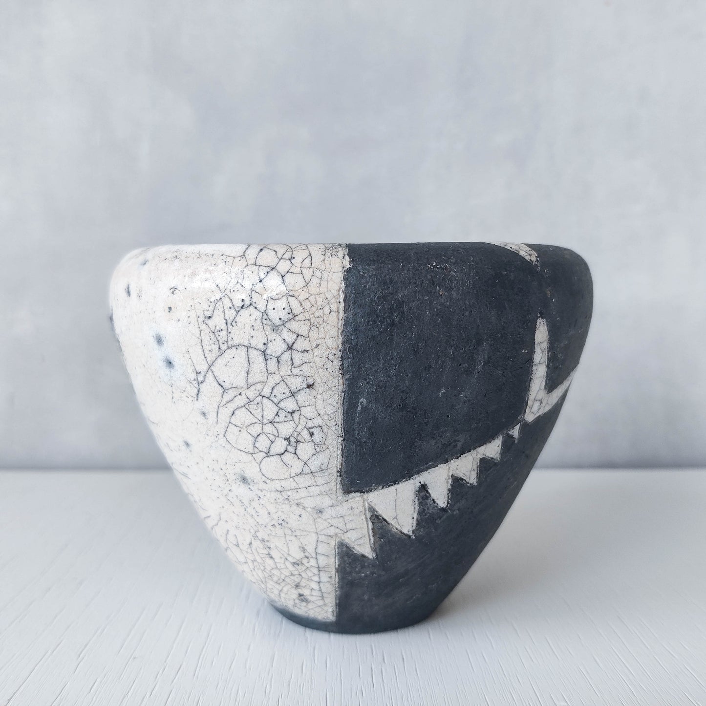 Japanese style artist made moulded bowl pot black white raku crackle stamped AK