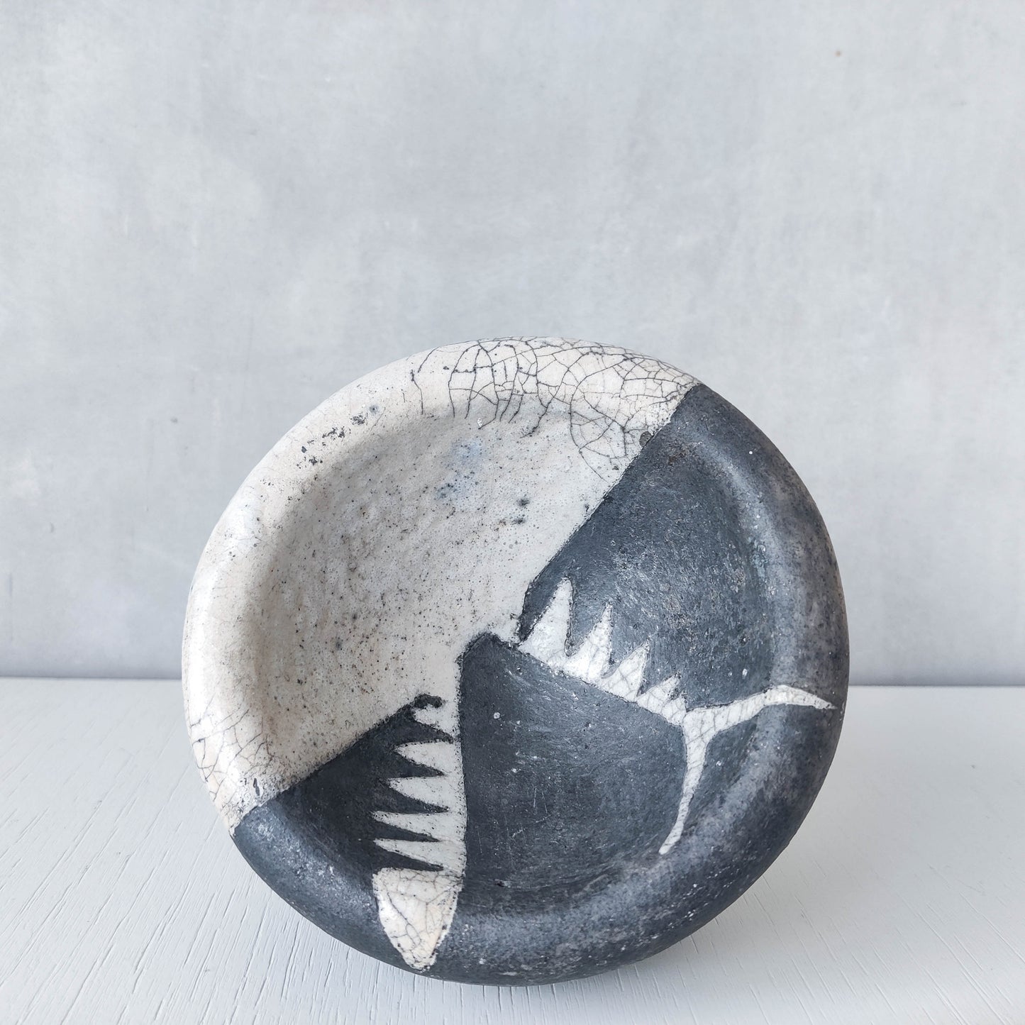 Japanese style artist made moulded bowl pot black white raku crackle stamped AK