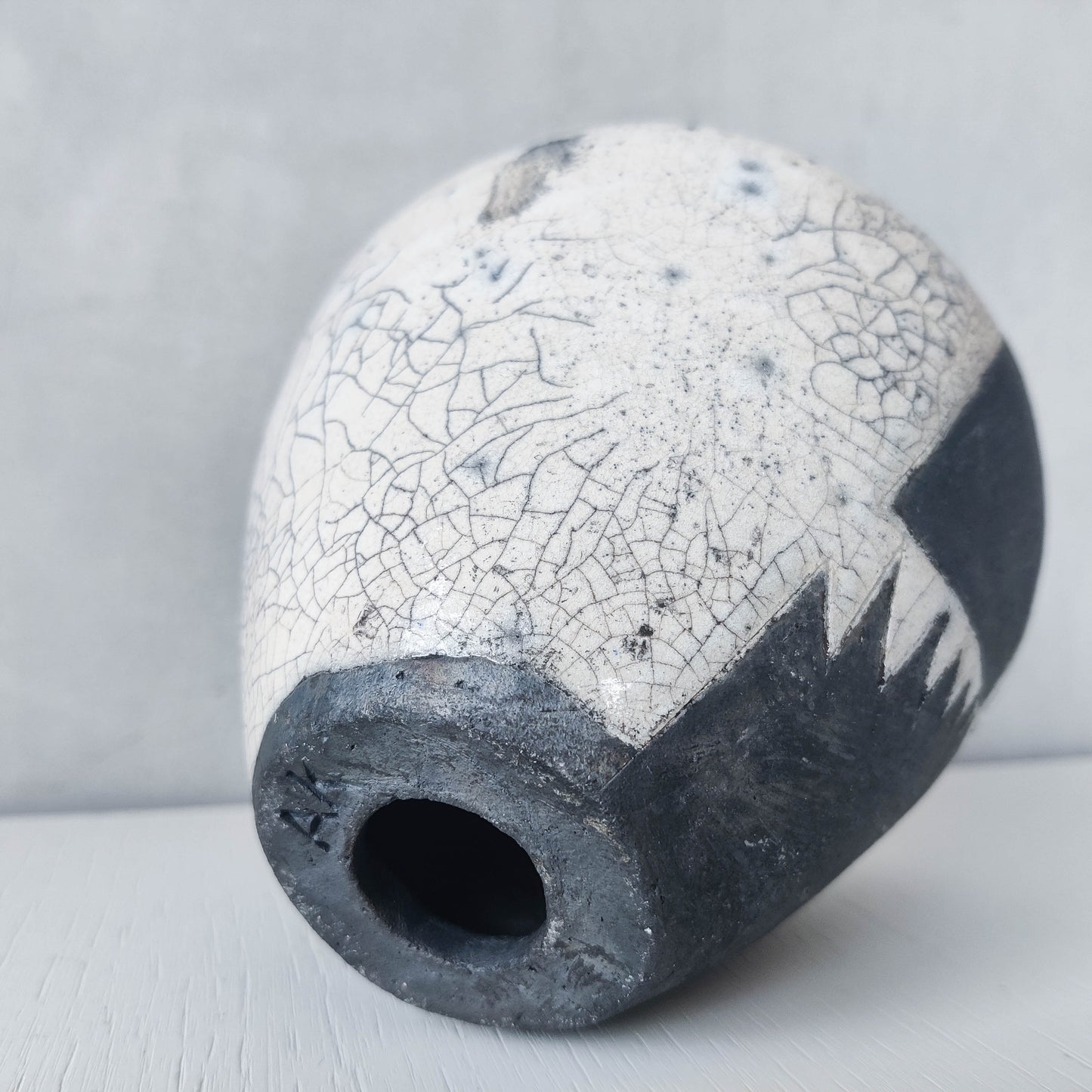 Japanese style artist made moulded bowl pot black white raku crackle stamped AK