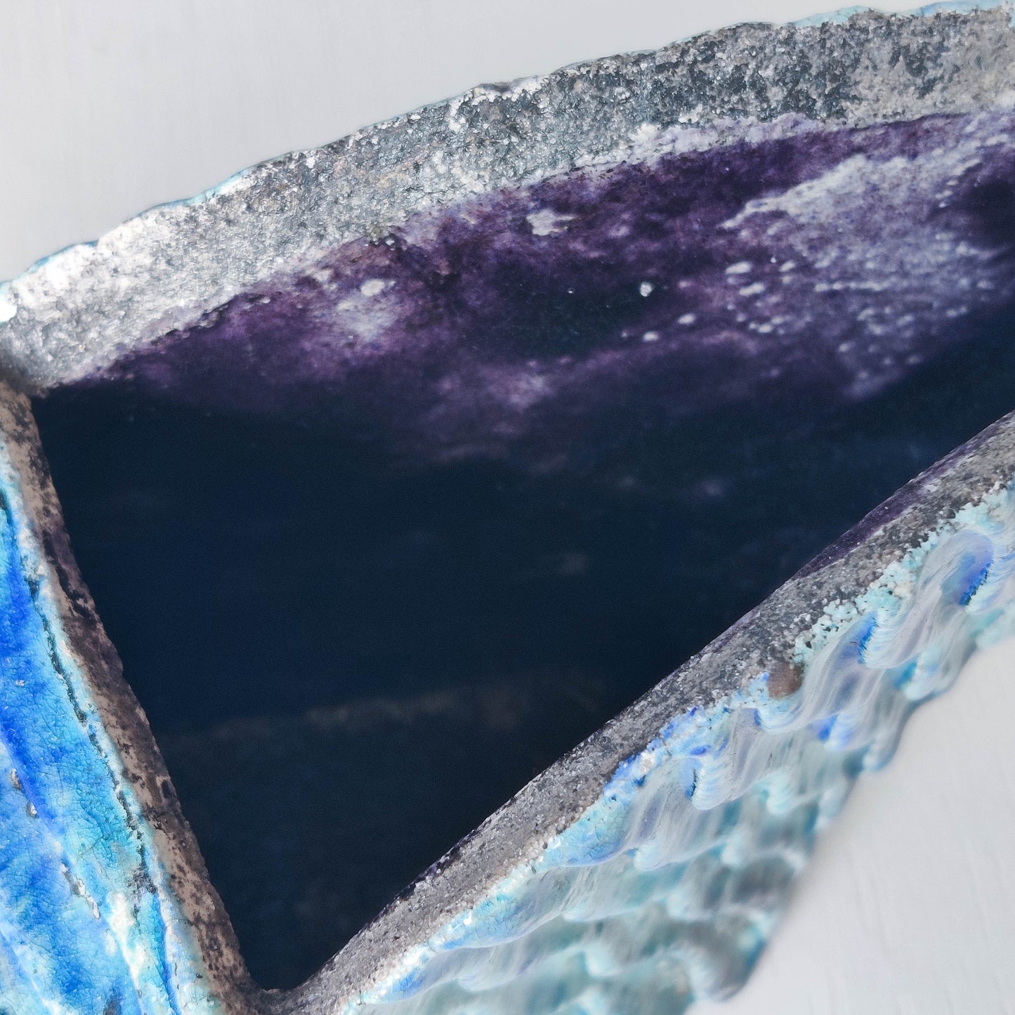 Slab built vintage artist made studio ceramic wave form vase vessel blue glazed