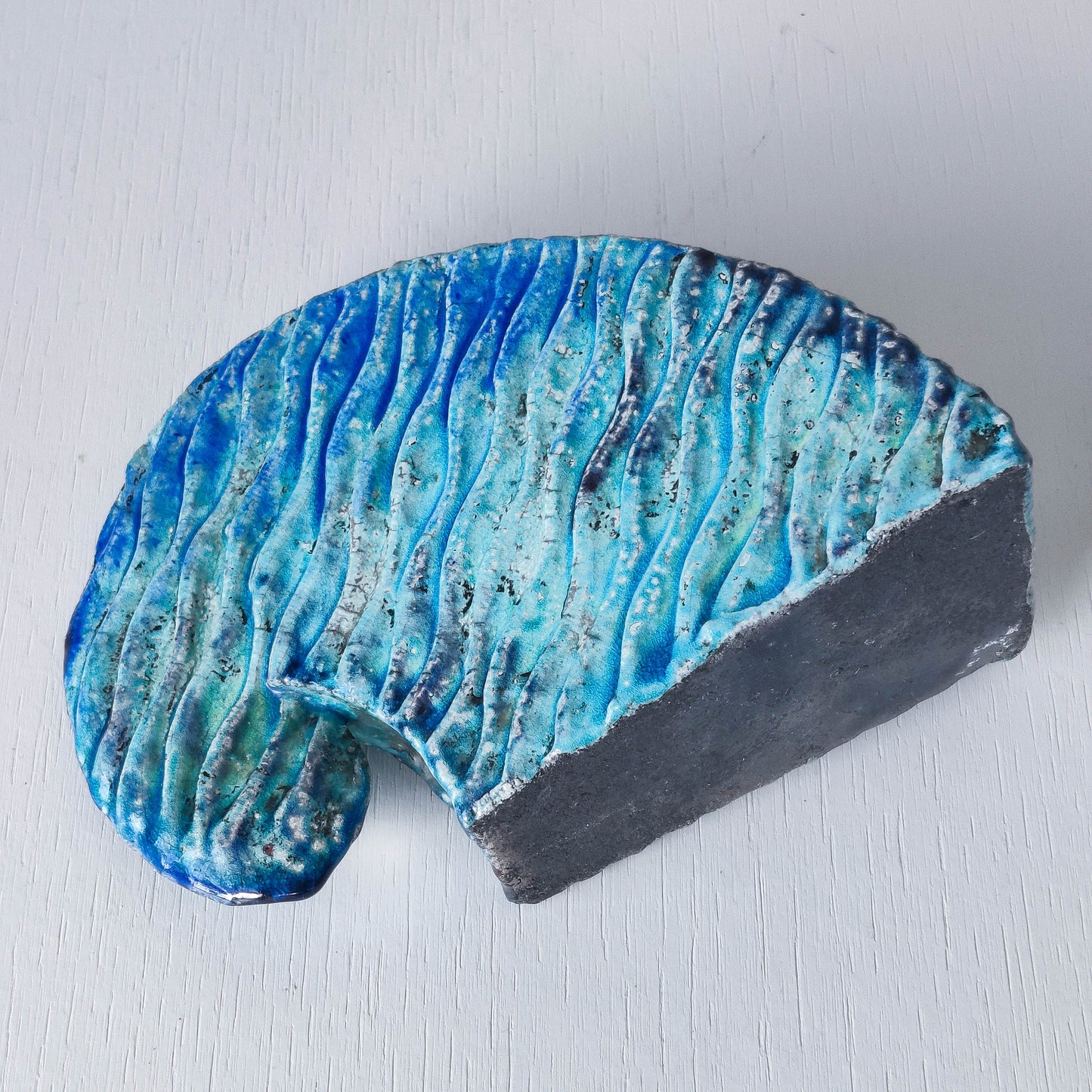 Slab built vintage artist made studio ceramic wave form vase vessel blue glazed