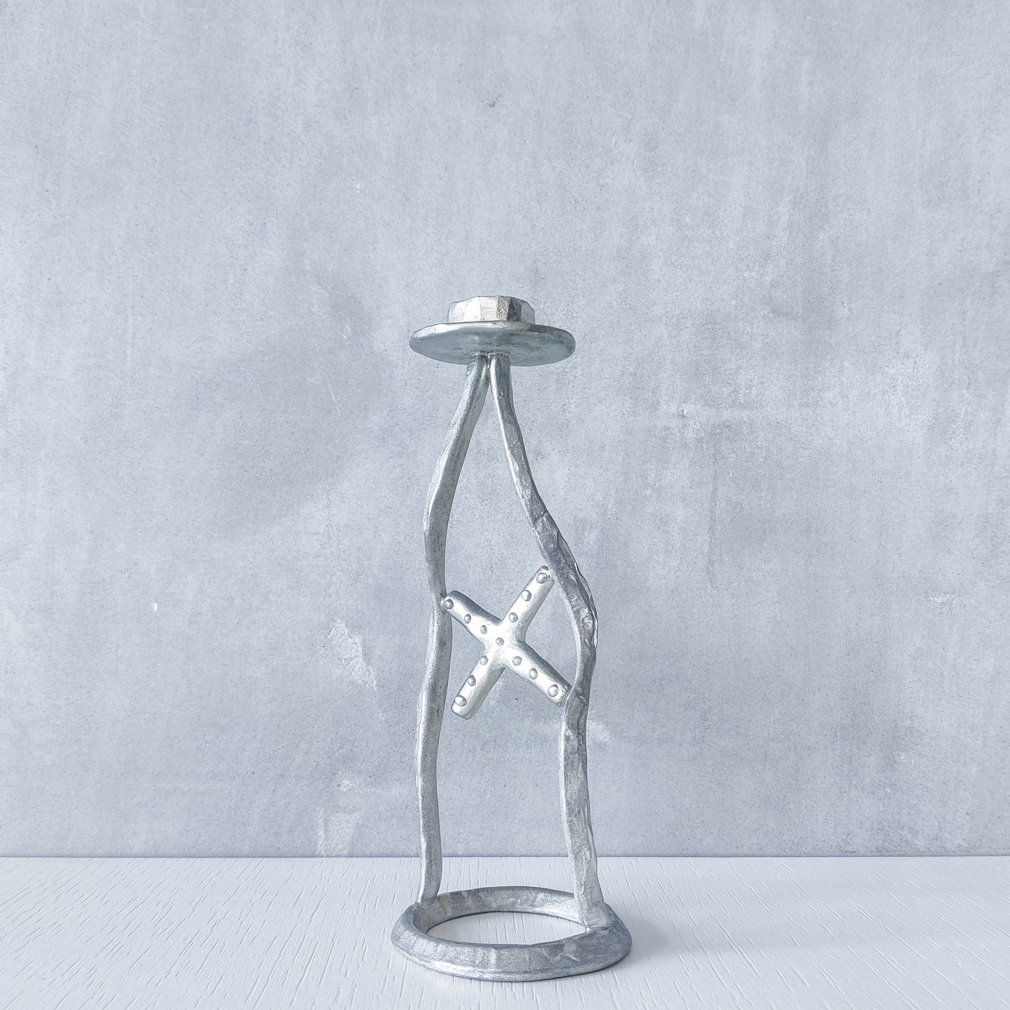 Vintage hand sand cast aluminium artisan sculpted metal cross wavy candlestick