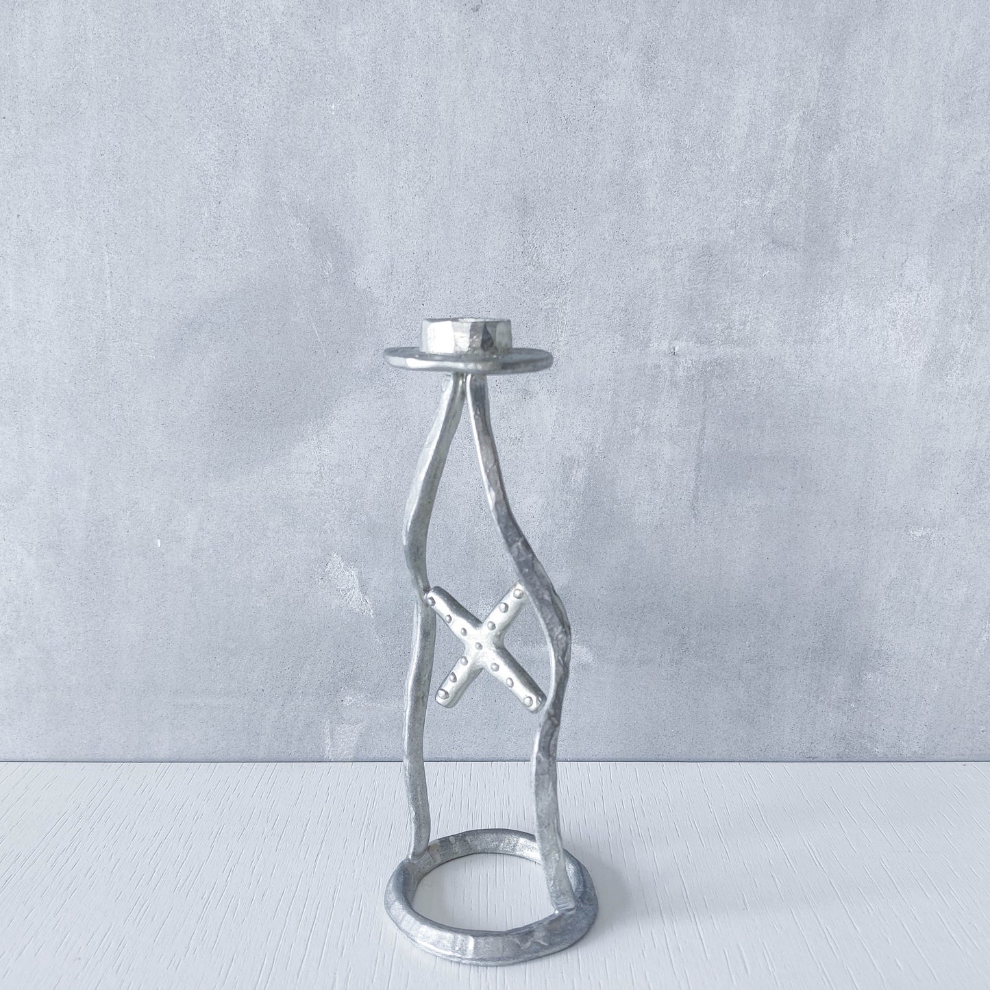 Vintage hand sand cast aluminium artisan sculpted metal cross wavy candlestick