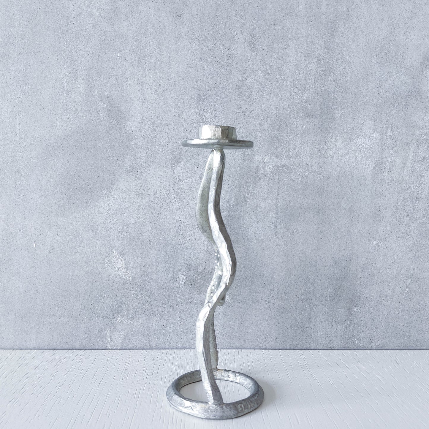 Vintage hand sand cast aluminium artisan sculpted metal cross wavy candlestick