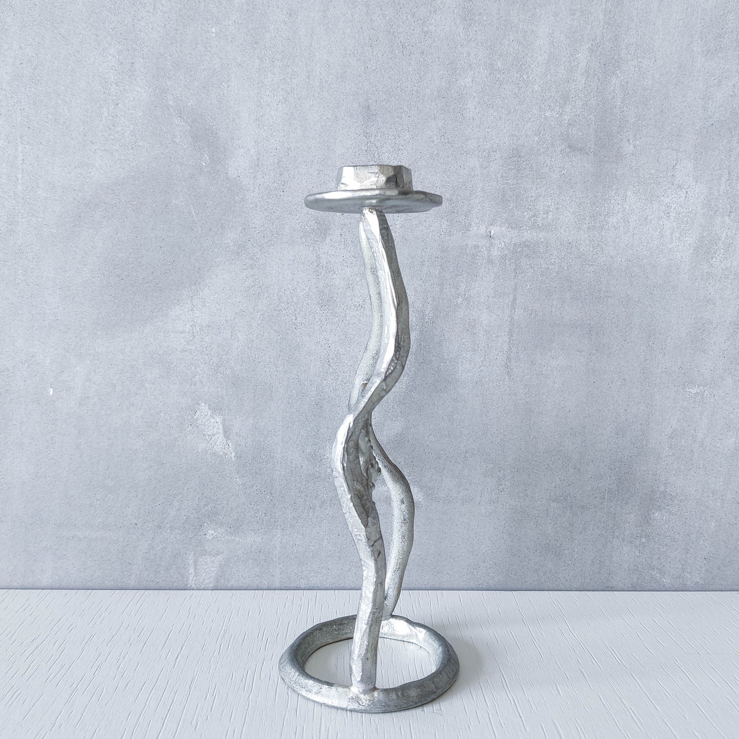 Vintage hand sand cast aluminium artisan sculpted metal cross wavy candlestick