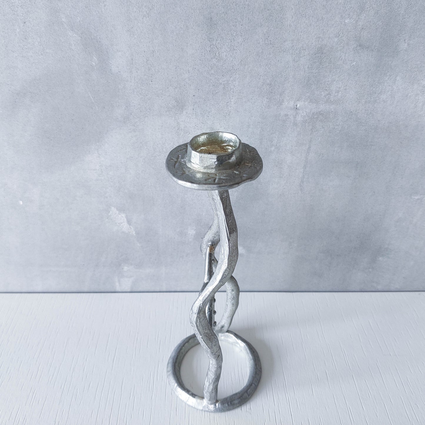 Vintage hand sand cast aluminium artisan sculpted metal cross wavy candlestick