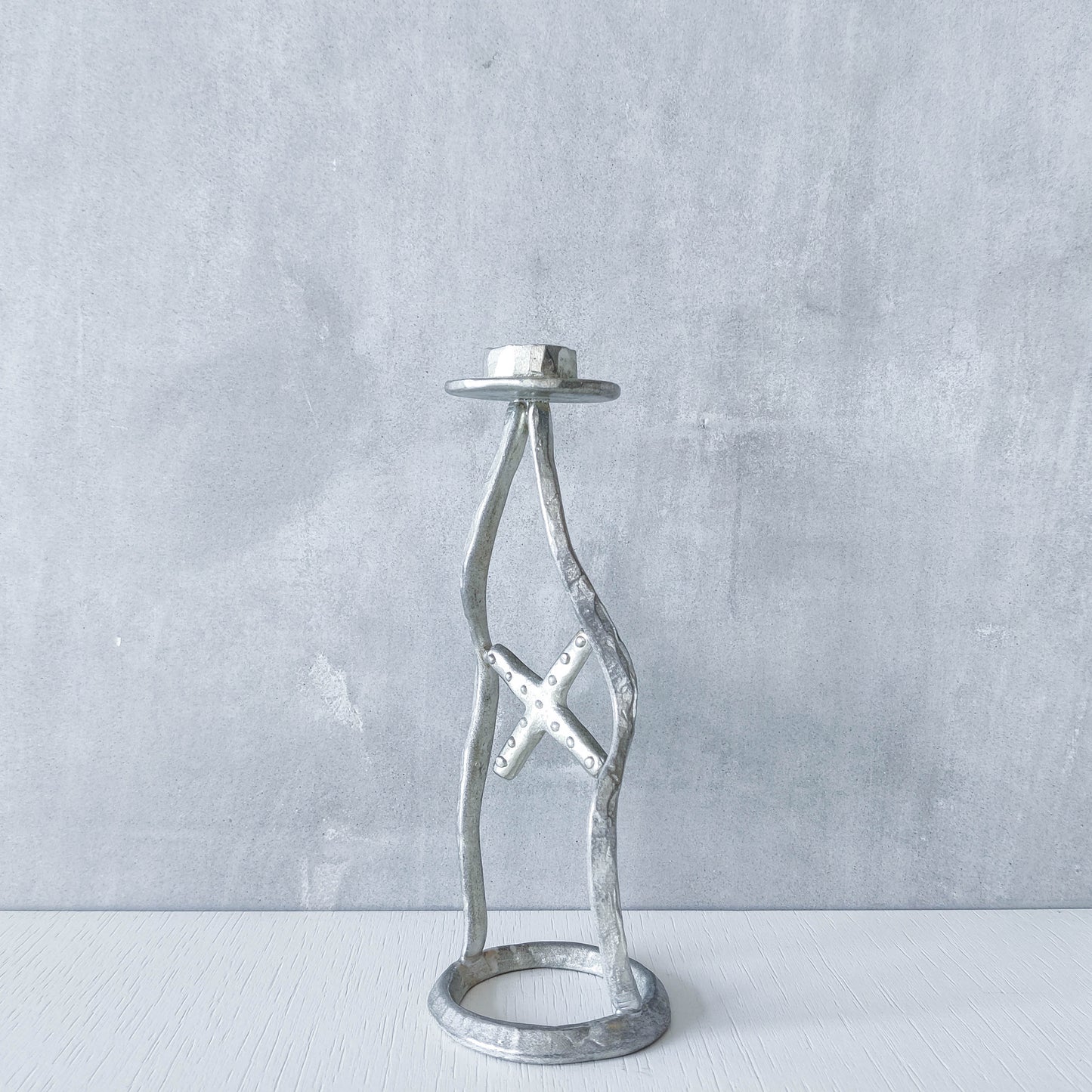 Vintage hand sand cast aluminium artisan sculpted metal cross wavy candlestick