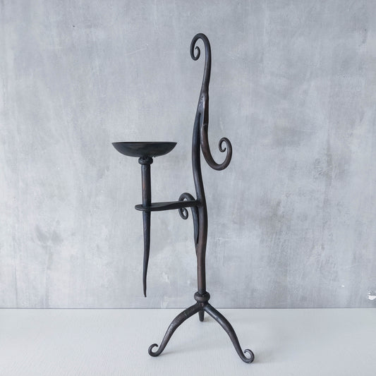 Vintage artisanal wrought iron blacksmith sculptural large candle holder