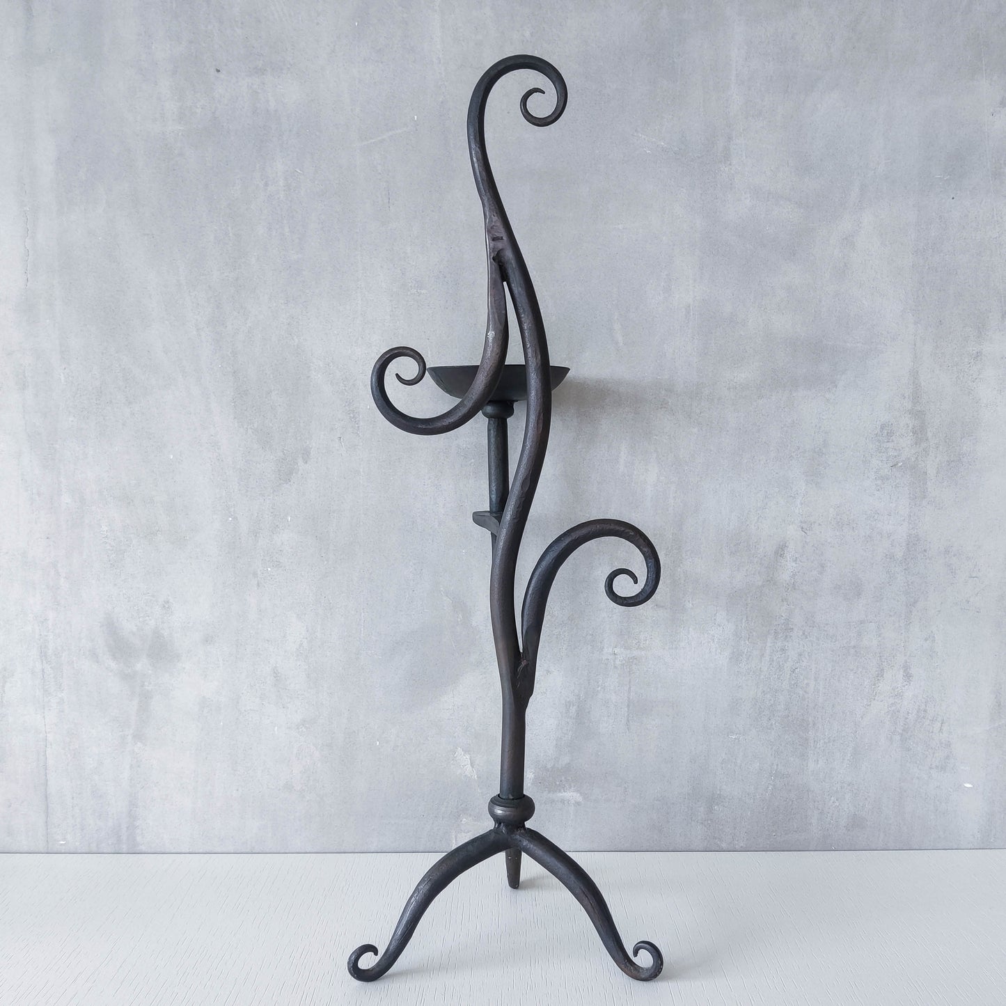 Vintage artisanal wrought iron blacksmith sculptural large candle holder