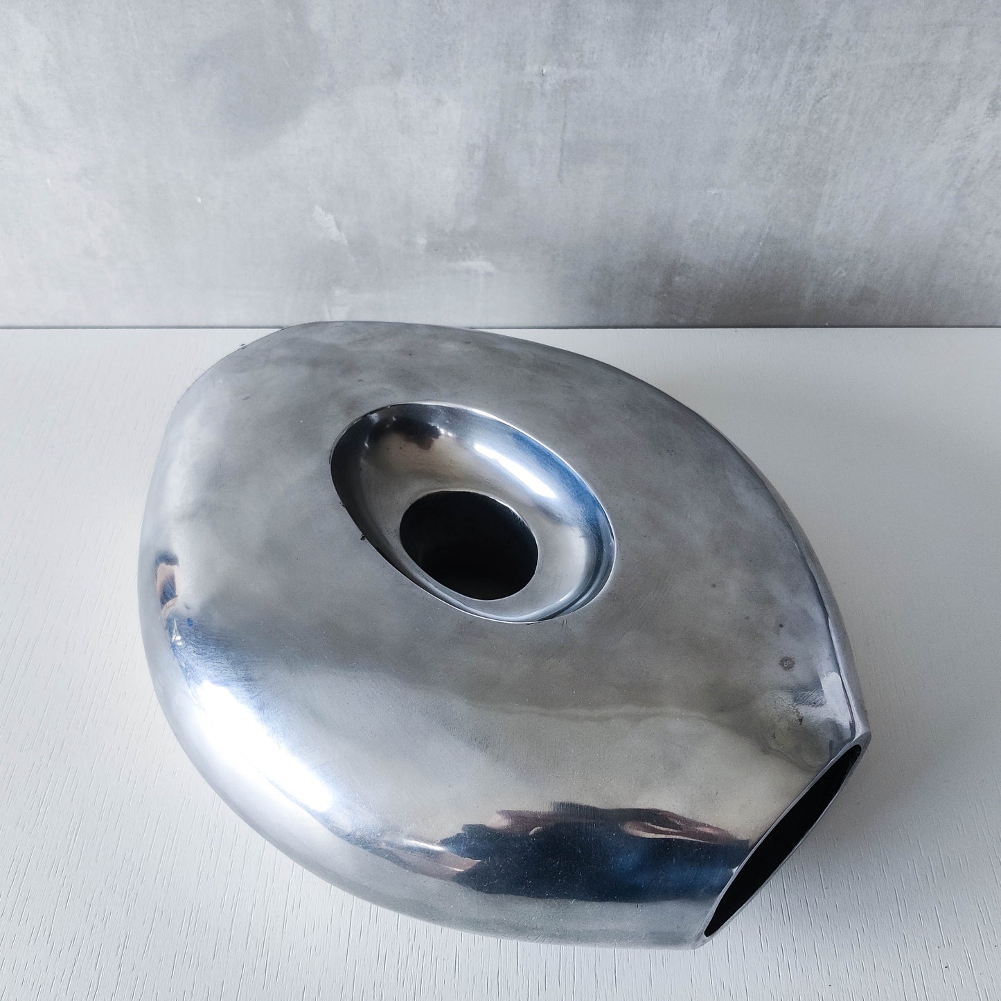 Vintage large sculptural modernist hand cast aluminium oval donut vase 32cm