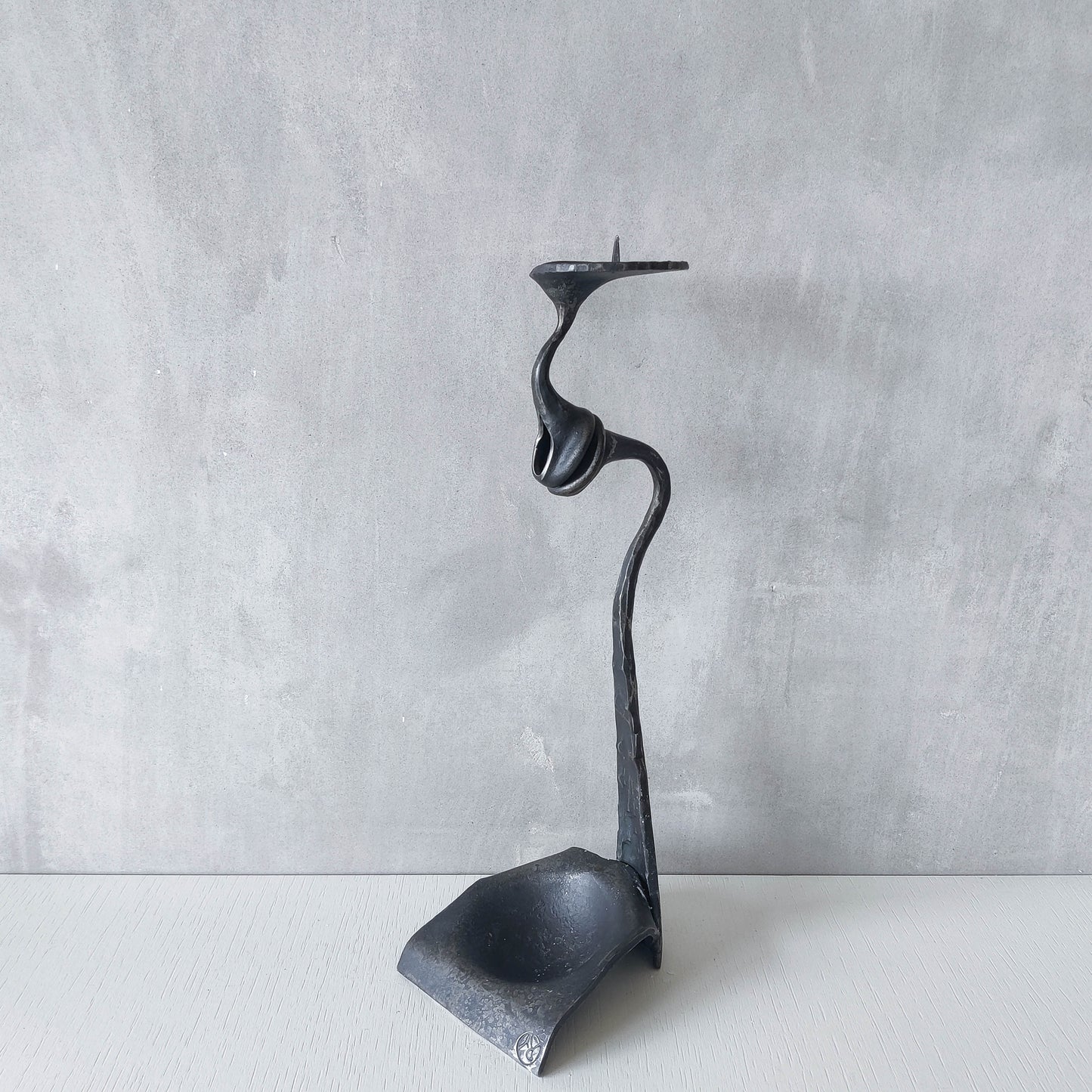 Vintage artisanal wrought forged steel surreal double candle holder sculpture RV