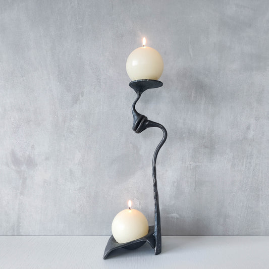 Vintage artisanal wrought forged steel surreal double candle holder sculpture RV