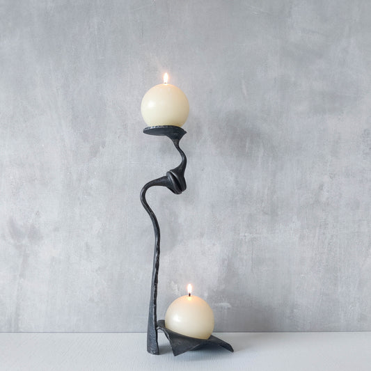 Vintage artisanal wrought forged steel surreal double candle holder sculpture RV