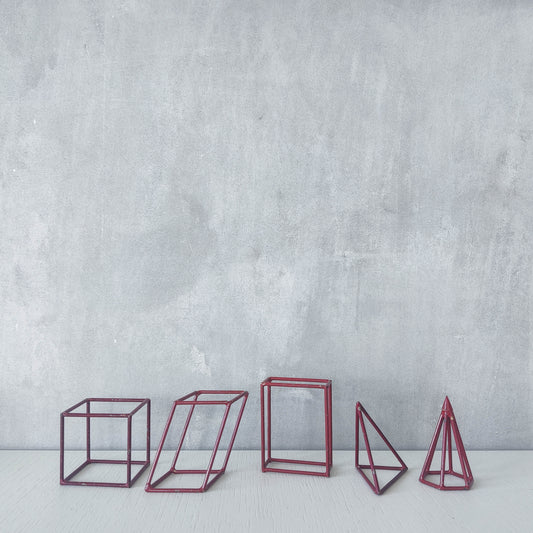 Vintage set of 5 geometric steel wire red 1950s shapes models teaching modernist