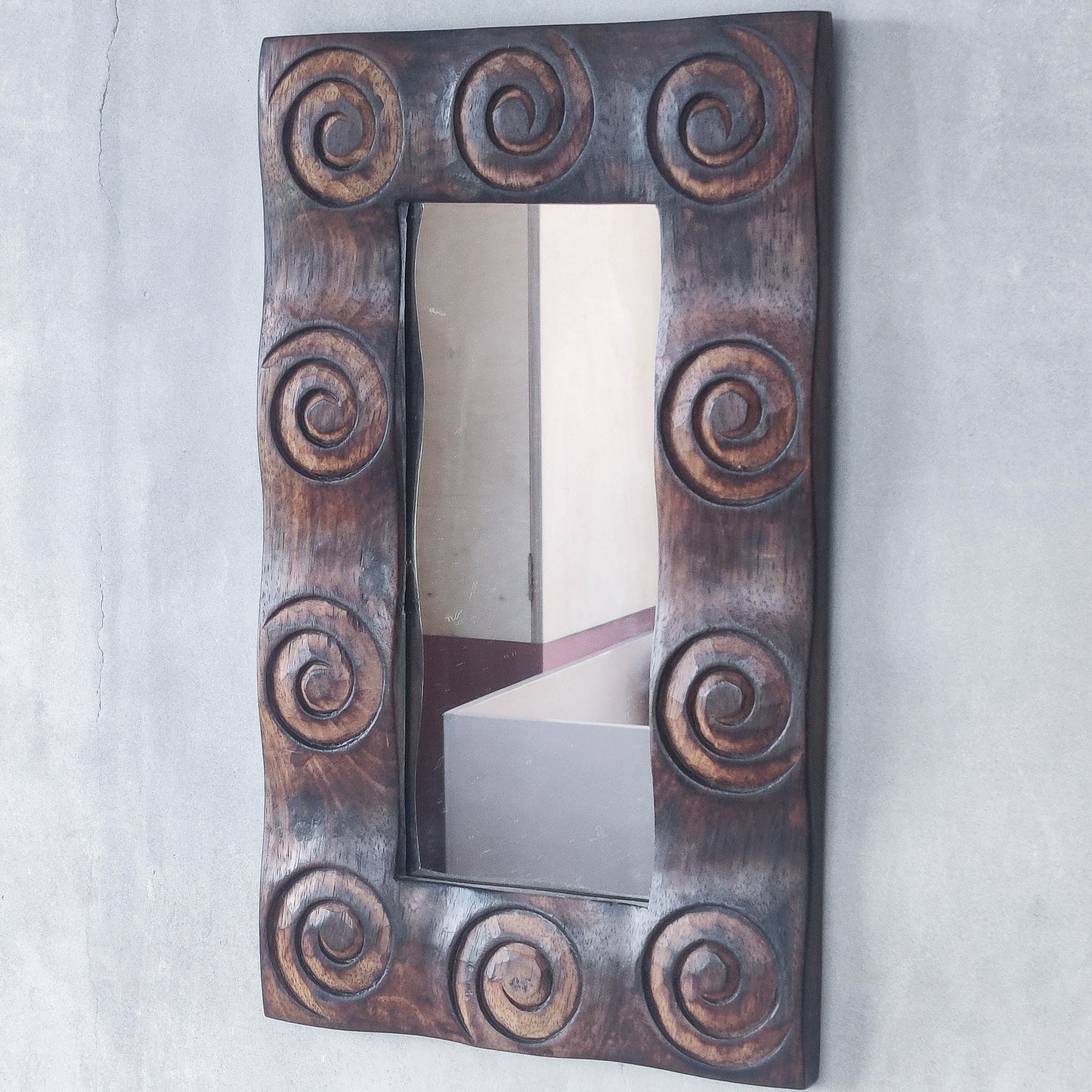 Vintage chunky solid hand carved hardwood wood spiral swirl sculptural mirror