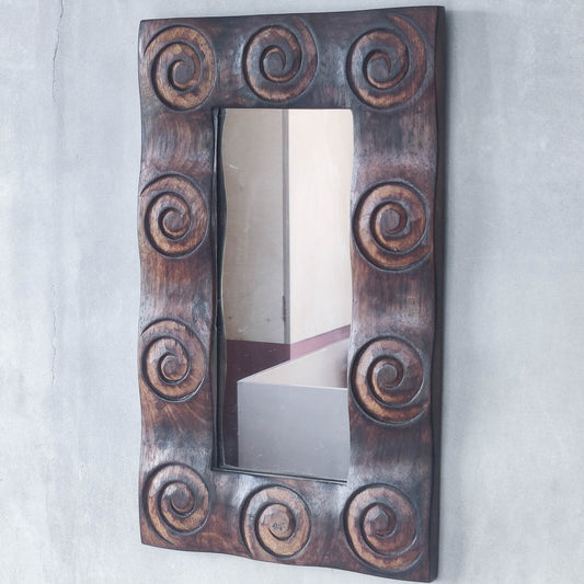 Vintage chunky solid hand carved hardwood wood spiral swirl sculptural mirror