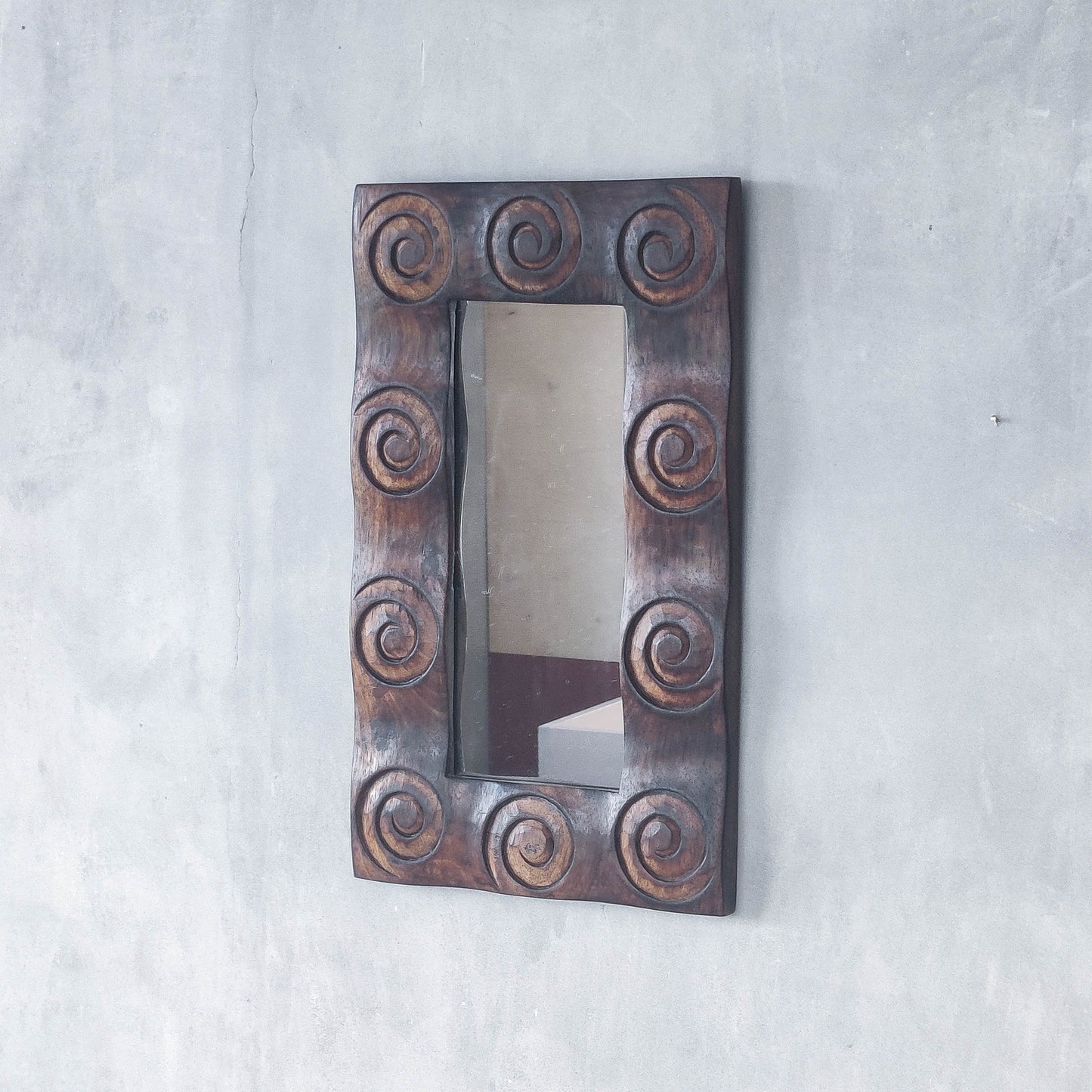 Vintage chunky solid hand carved hardwood wood spiral swirl sculptural mirror