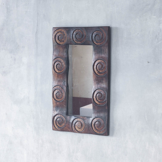 Vintage chunky solid hand carved hardwood wood spiral swirl sculptural mirror