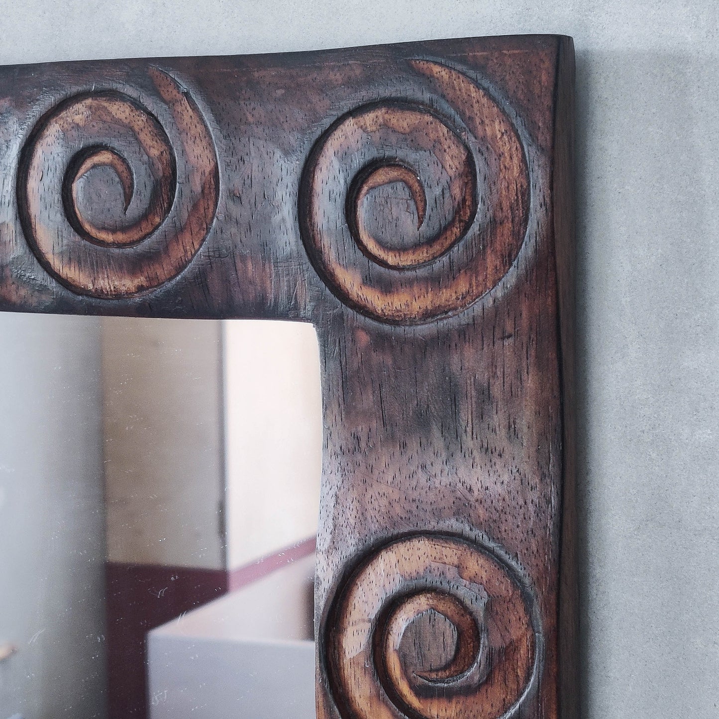 Vintage chunky solid hand carved hardwood wood spiral swirl sculptural mirror