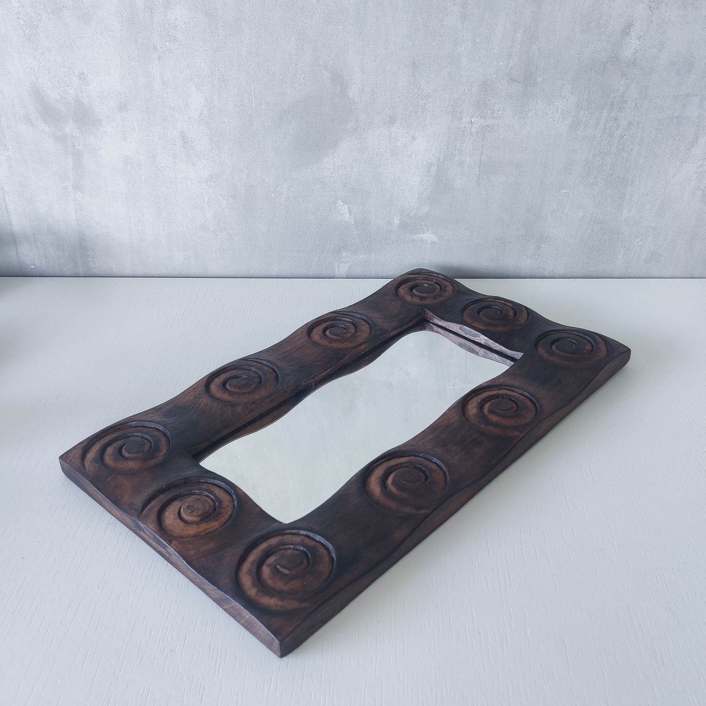 Vintage chunky solid hand carved hardwood wood spiral swirl sculptural mirror