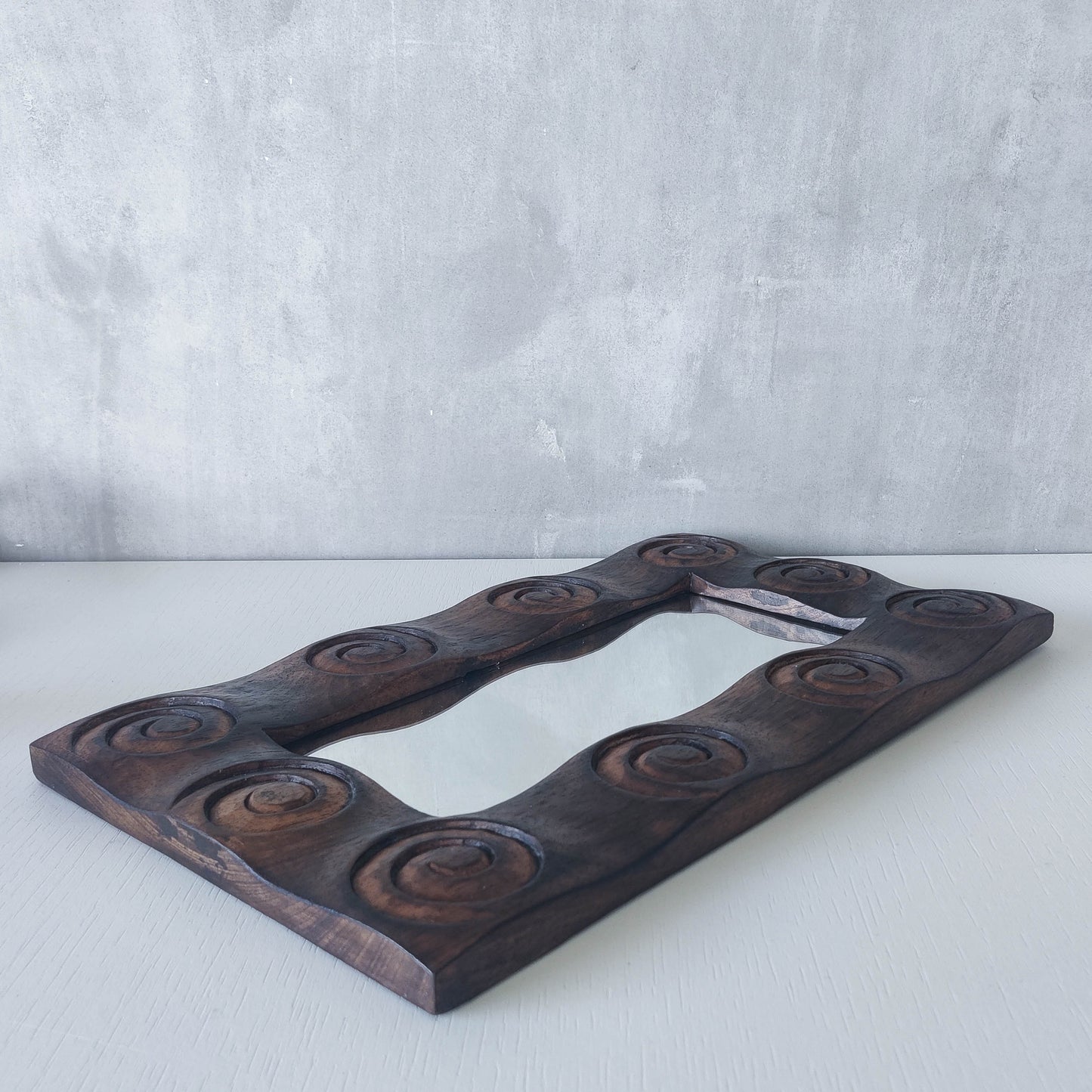 Vintage chunky solid hand carved hardwood wood spiral swirl sculptural mirror