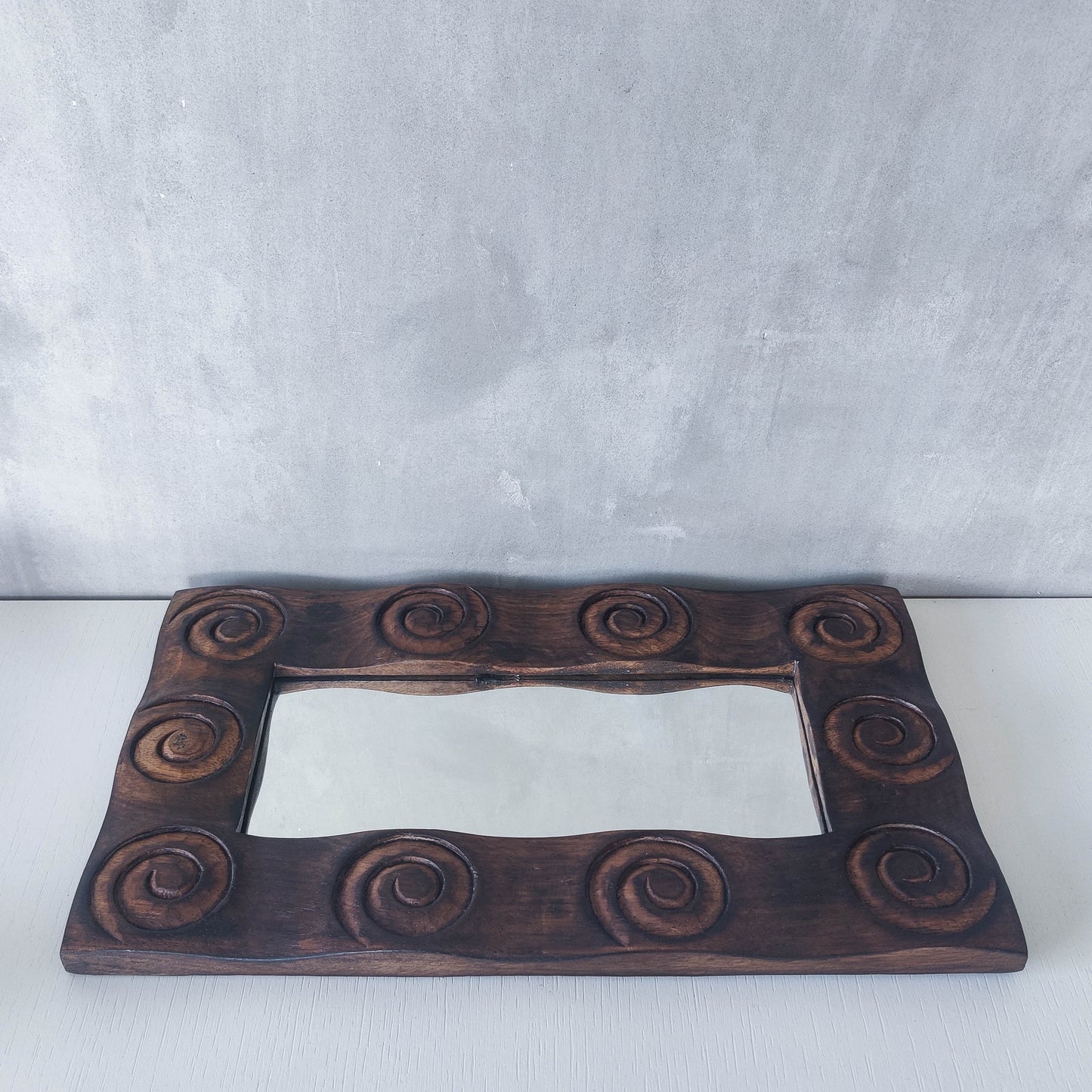 Vintage chunky solid hand carved hardwood wood spiral swirl sculptural mirror