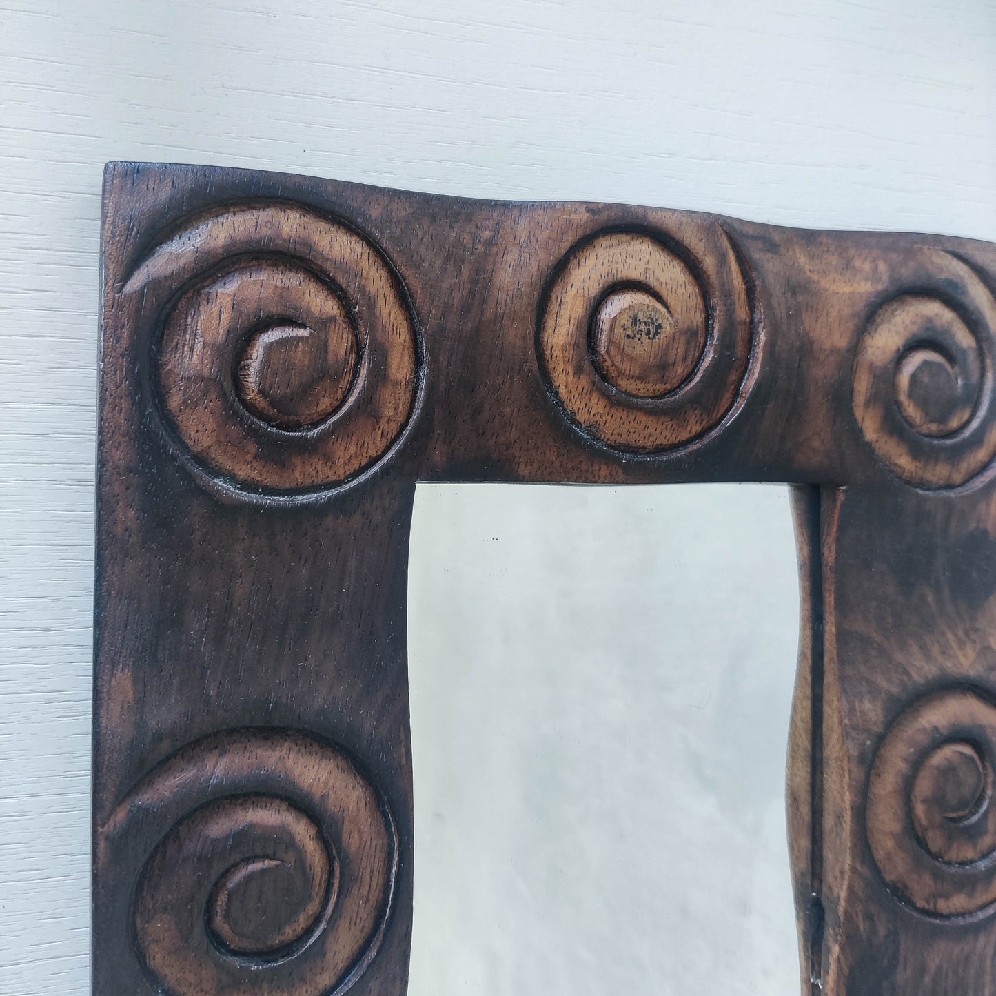 Vintage chunky solid hand carved hardwood wood spiral swirl sculptural mirror