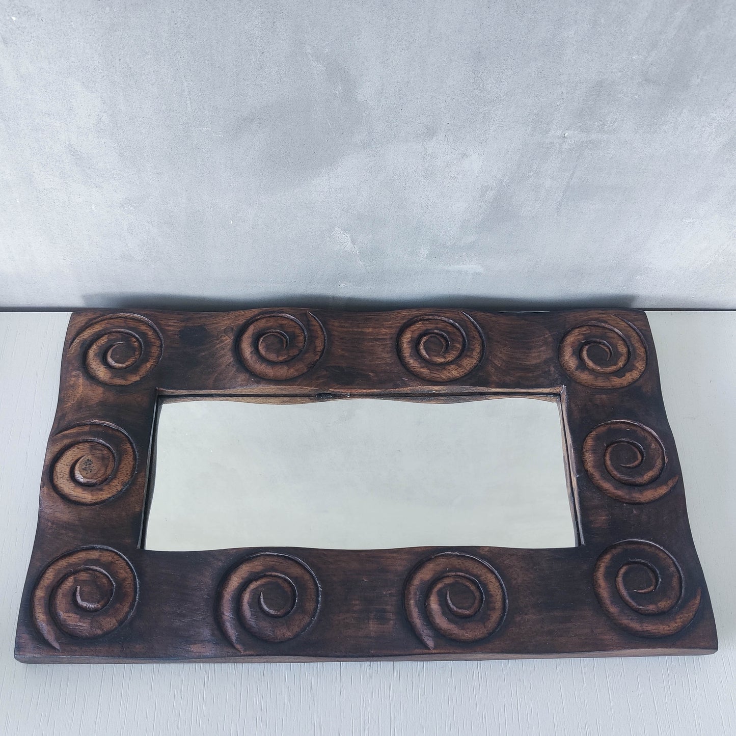 Vintage chunky solid hand carved hardwood wood spiral swirl sculptural mirror