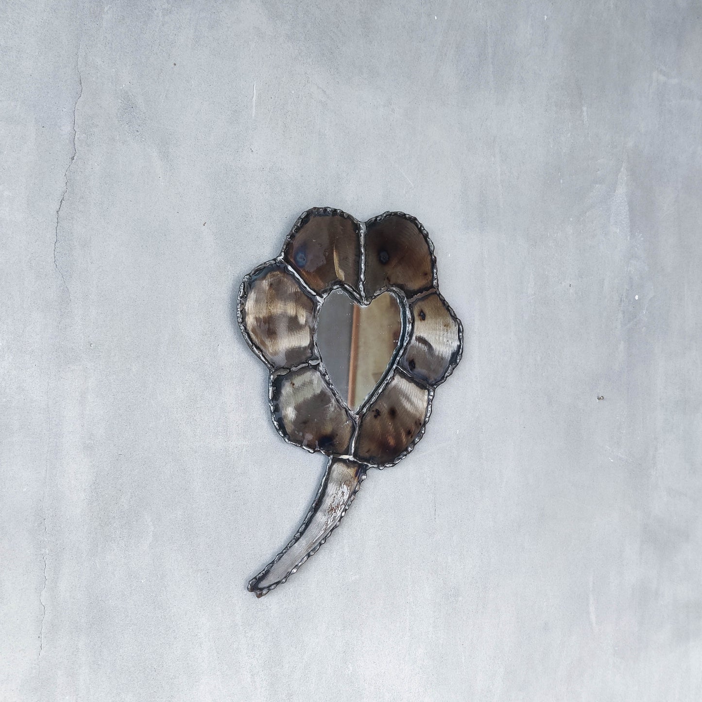 Artist made metalwork welded scorched torch cut steel naive brutalist mirror