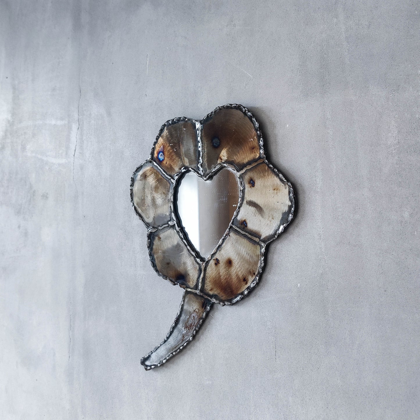 Artist made metalwork welded scorched torch cut steel naive brutalist mirror