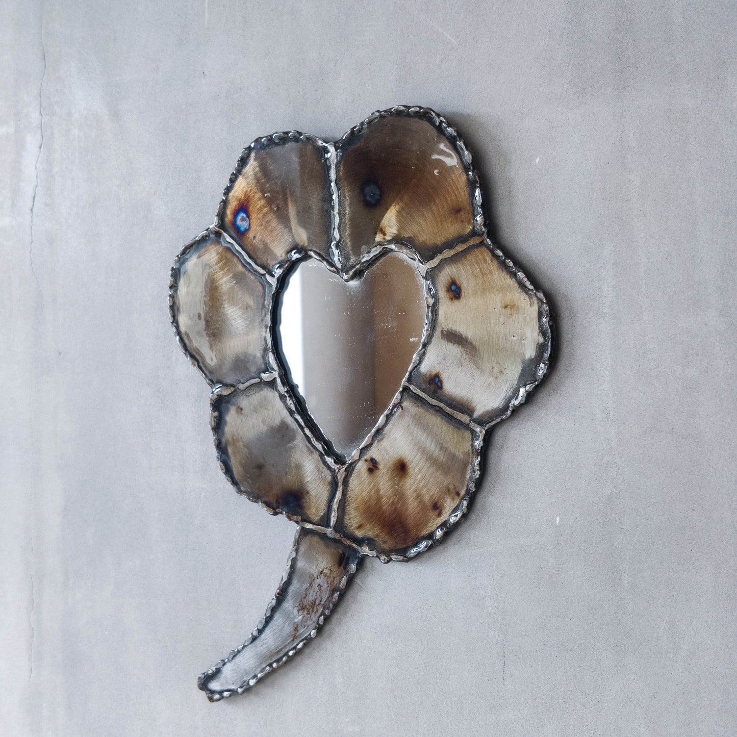 Artist made metalwork welded scorched torch cut steel naive brutalist mirror