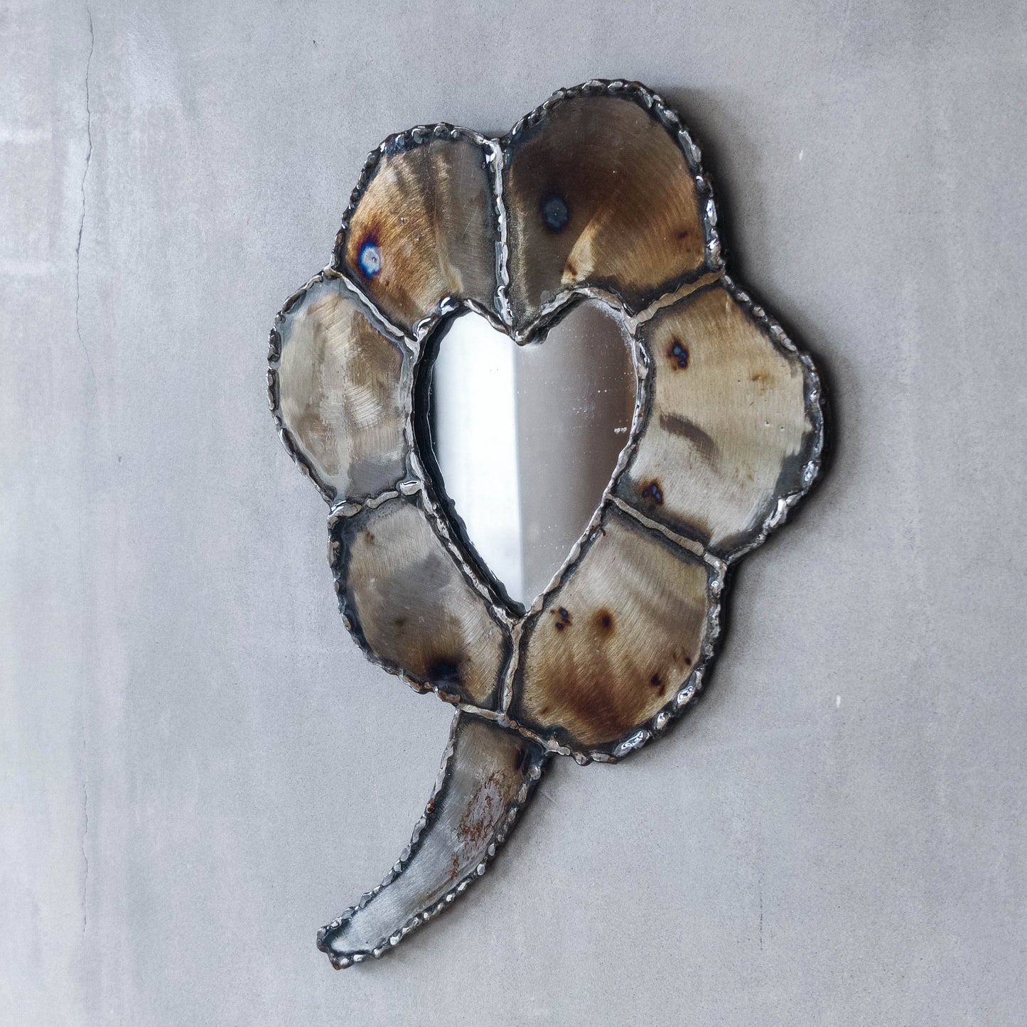 Artist made metalwork welded scorched torch cut steel naive brutalist mirror