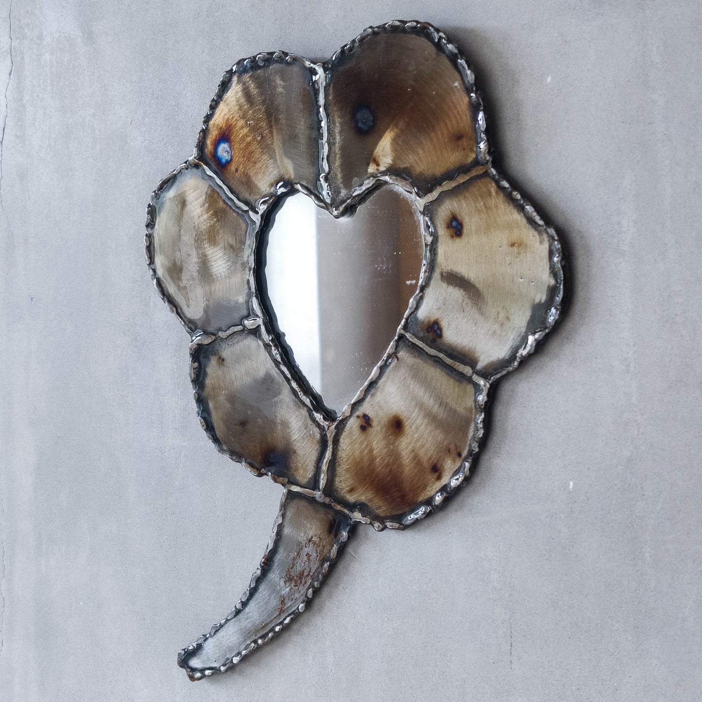 Artist made metalwork welded scorched torch cut steel naive brutalist mirror