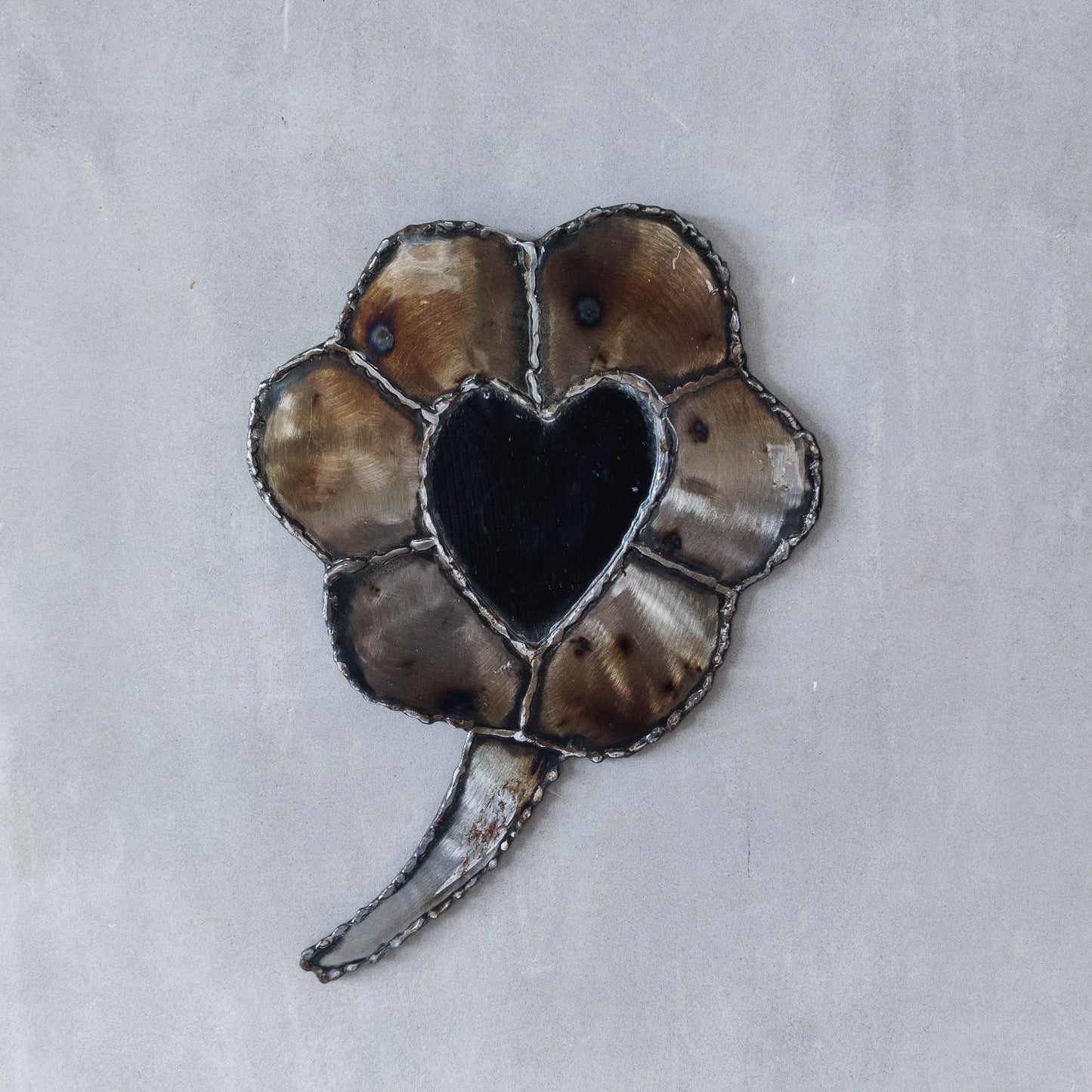 Artist made metalwork welded scorched torch cut steel naive brutalist mirror