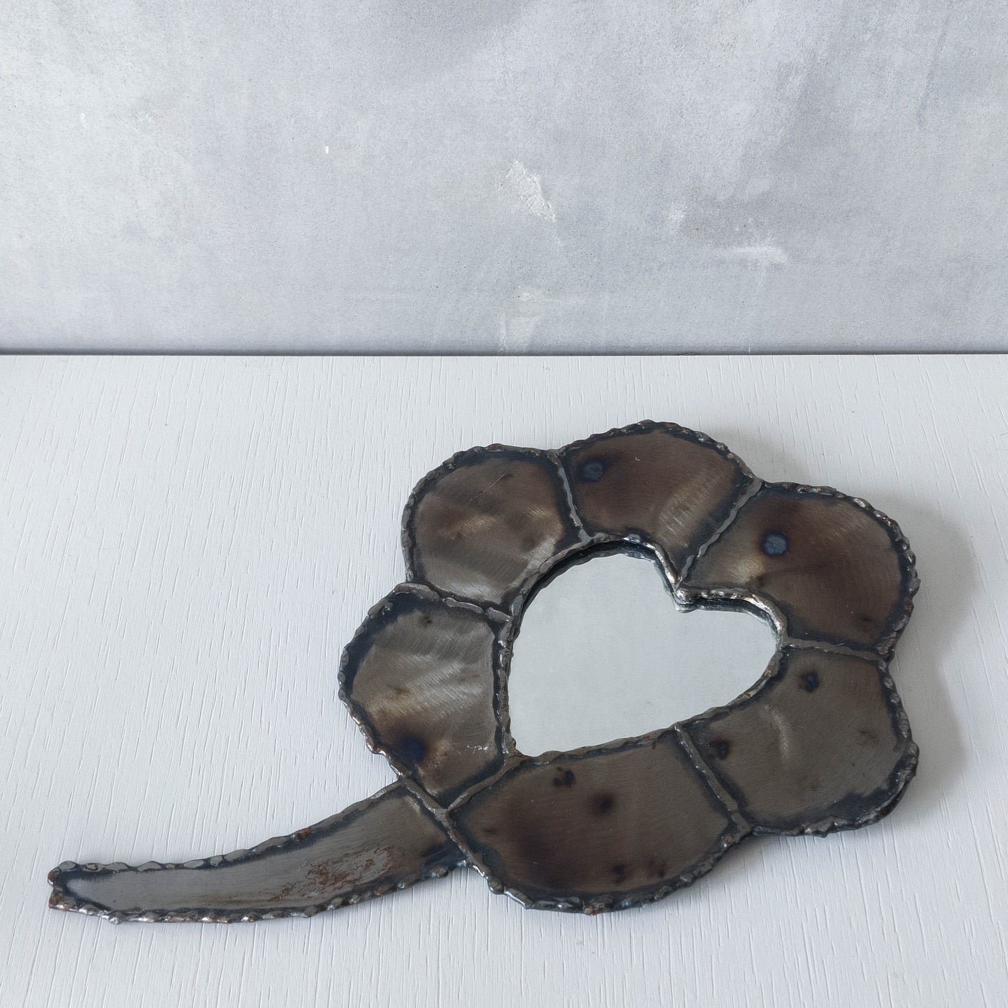 Artist made metalwork welded scorched torch cut steel naive brutalist mirror