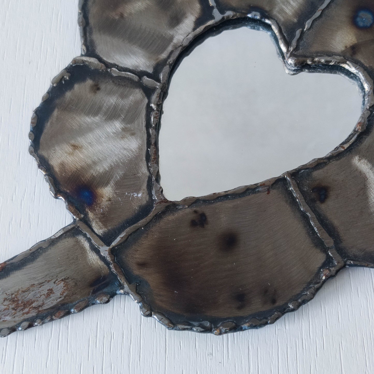 Artist made metalwork welded scorched torch cut steel naive brutalist mirror