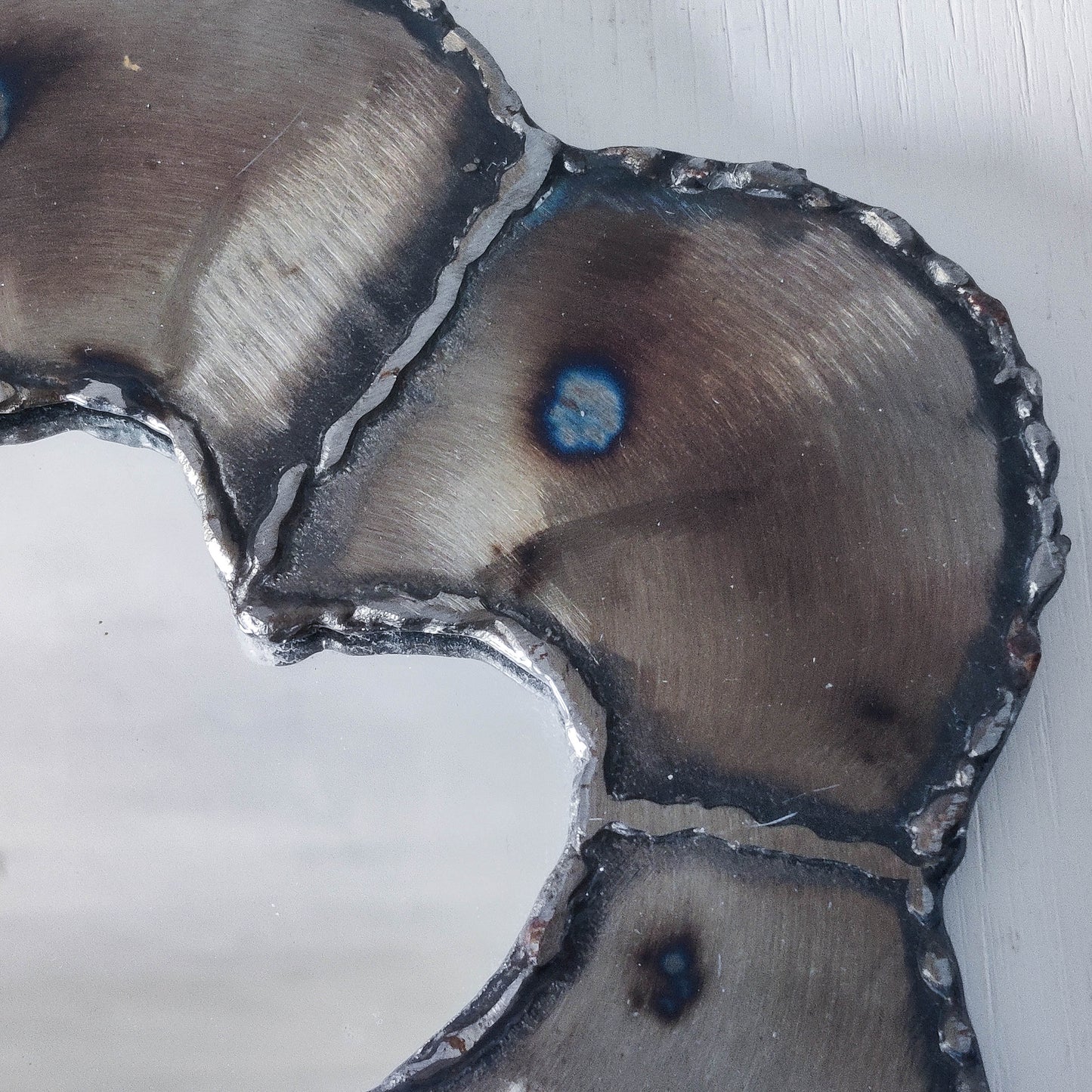 Artist made metalwork welded scorched torch cut steel naive brutalist mirror