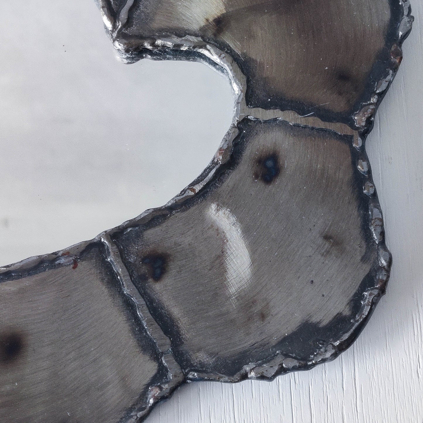 Artist made metalwork welded scorched torch cut steel naive brutalist mirror