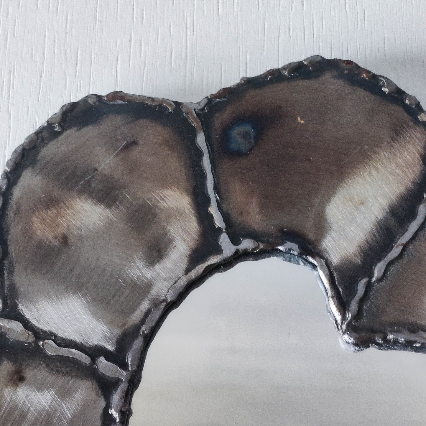 Artist made metalwork welded scorched torch cut steel naive brutalist mirror